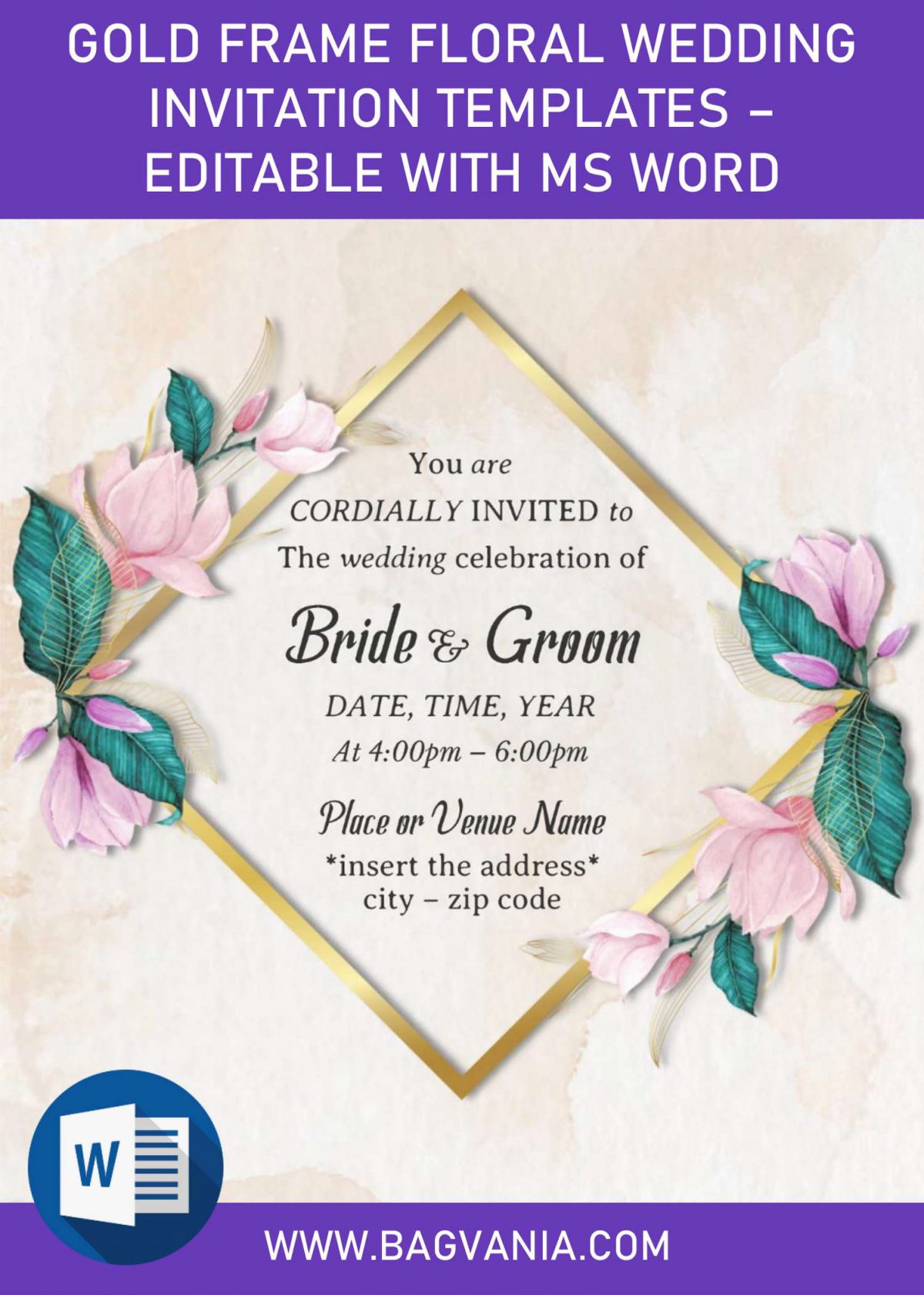 Gold Frame Floral Wedding Invitation Templates - Editable With MS Word and has 