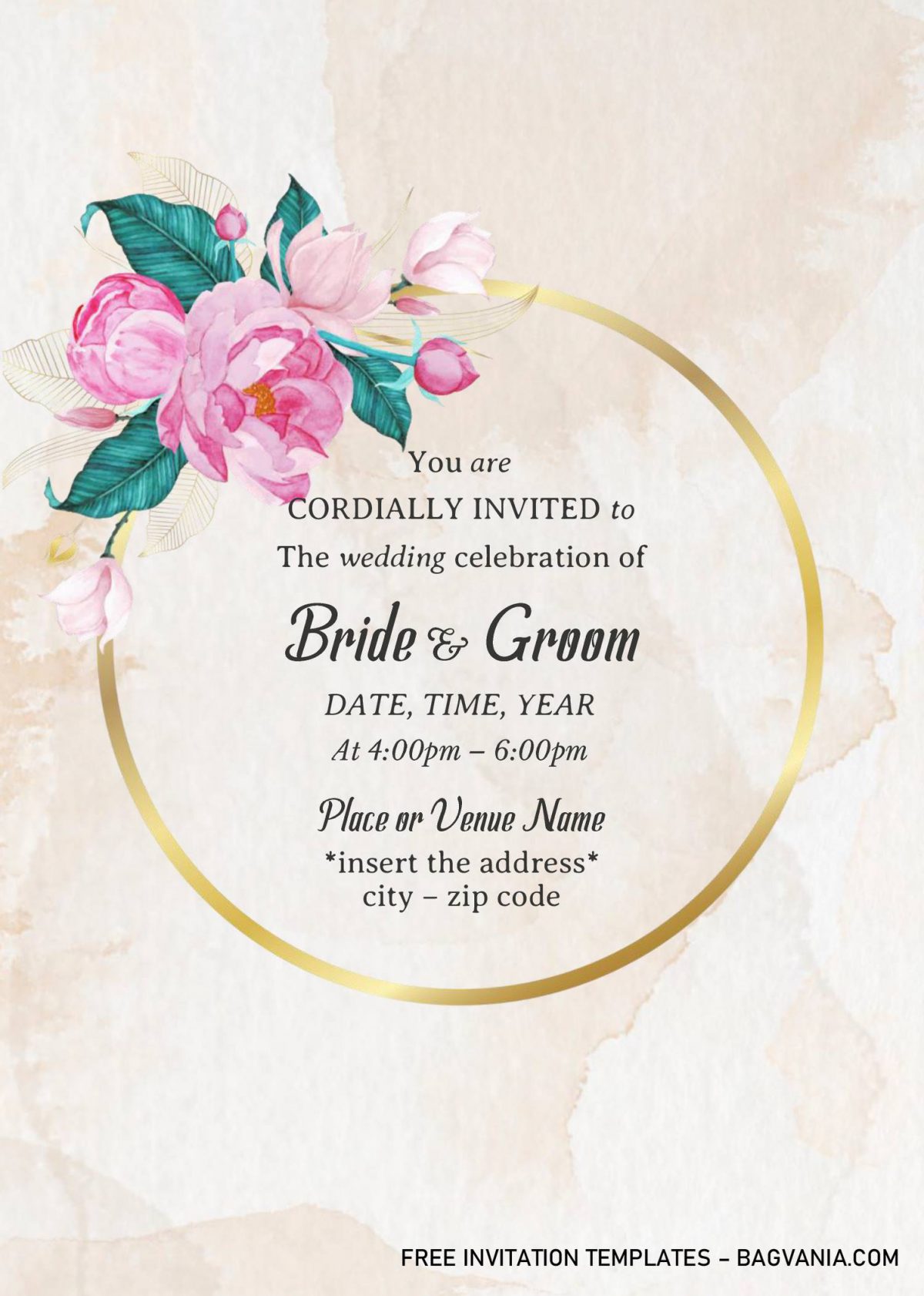 Gold Frame Floral Wedding Invitation Templates - Editable With MS Word and has watercolor floral