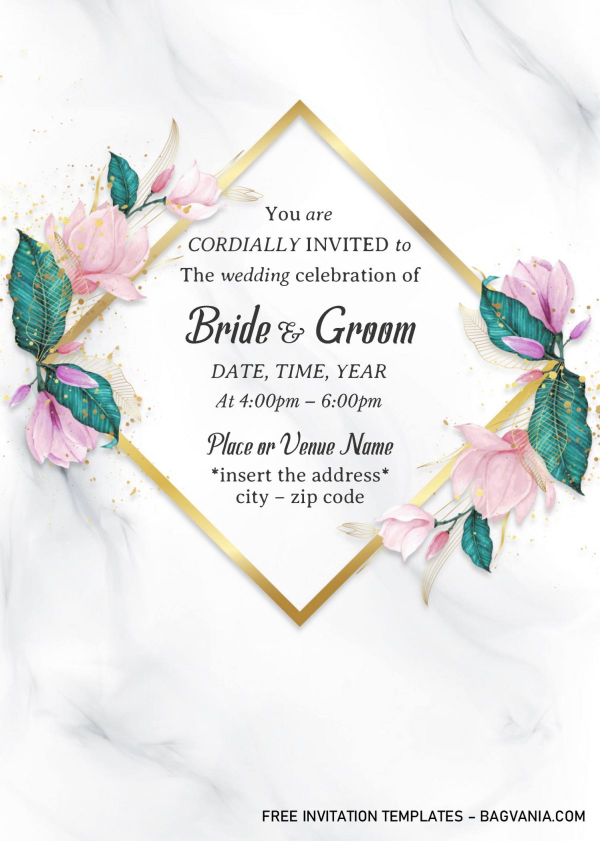 Gold Frame Floral Wedding Invitation Templates - Editable With MS Word and has white marble background
