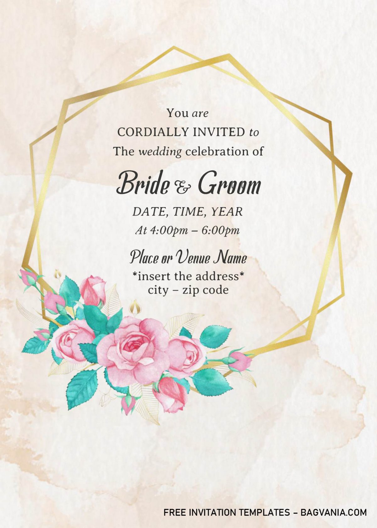 Gold Frame Floral Wedding Invitation Templates - Editable With MS Word and has gold geometric frame