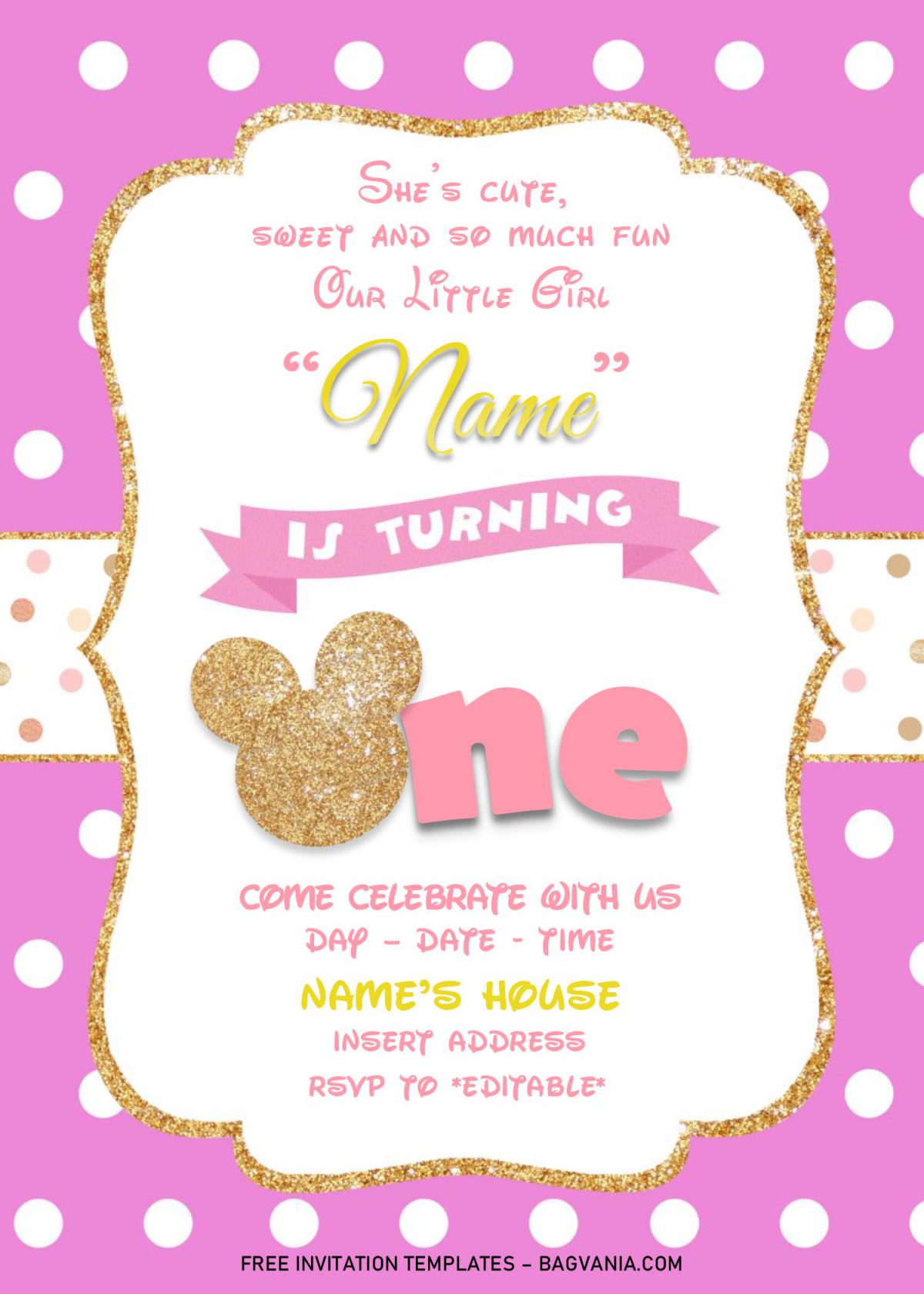 Gold Glitter Minnie Mouse Invitation Templates - Editable .Docx and has glitter Minnie's head and ears