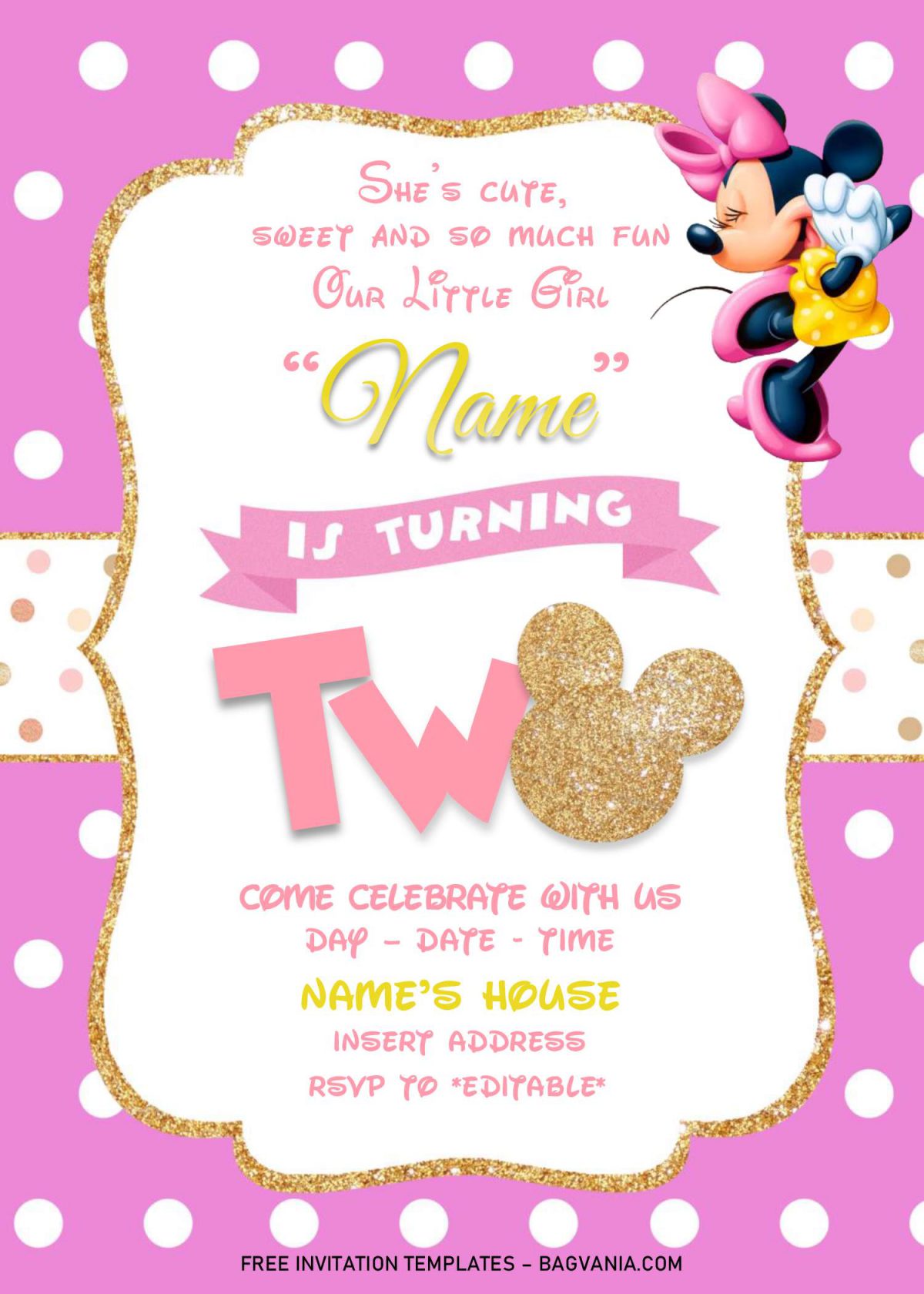 Gold Glitter Minnie Mouse Invitation Templates - Editable .Docx and has polka dots pattern