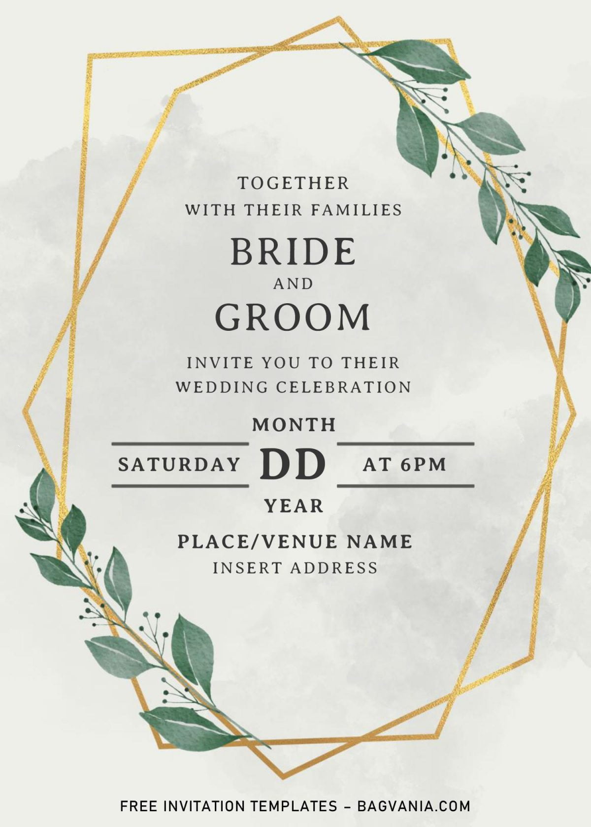 Greenery Geometric Wedding Invitation Templates - Editable With MS Word and has gold geometric frame