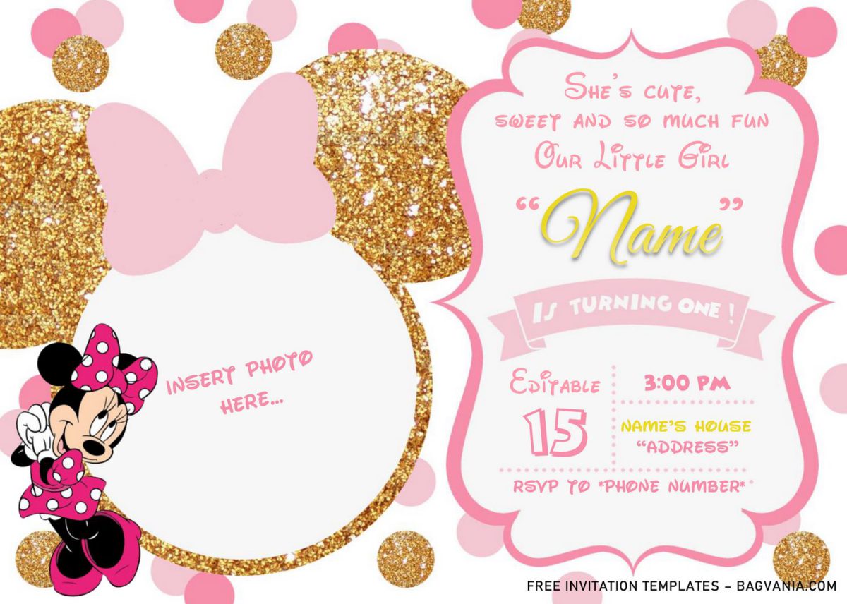 Pink And Gold Minnie Mouse Birthday Invitation Templates - Editable .Docx and has cute Minnie in pink dress