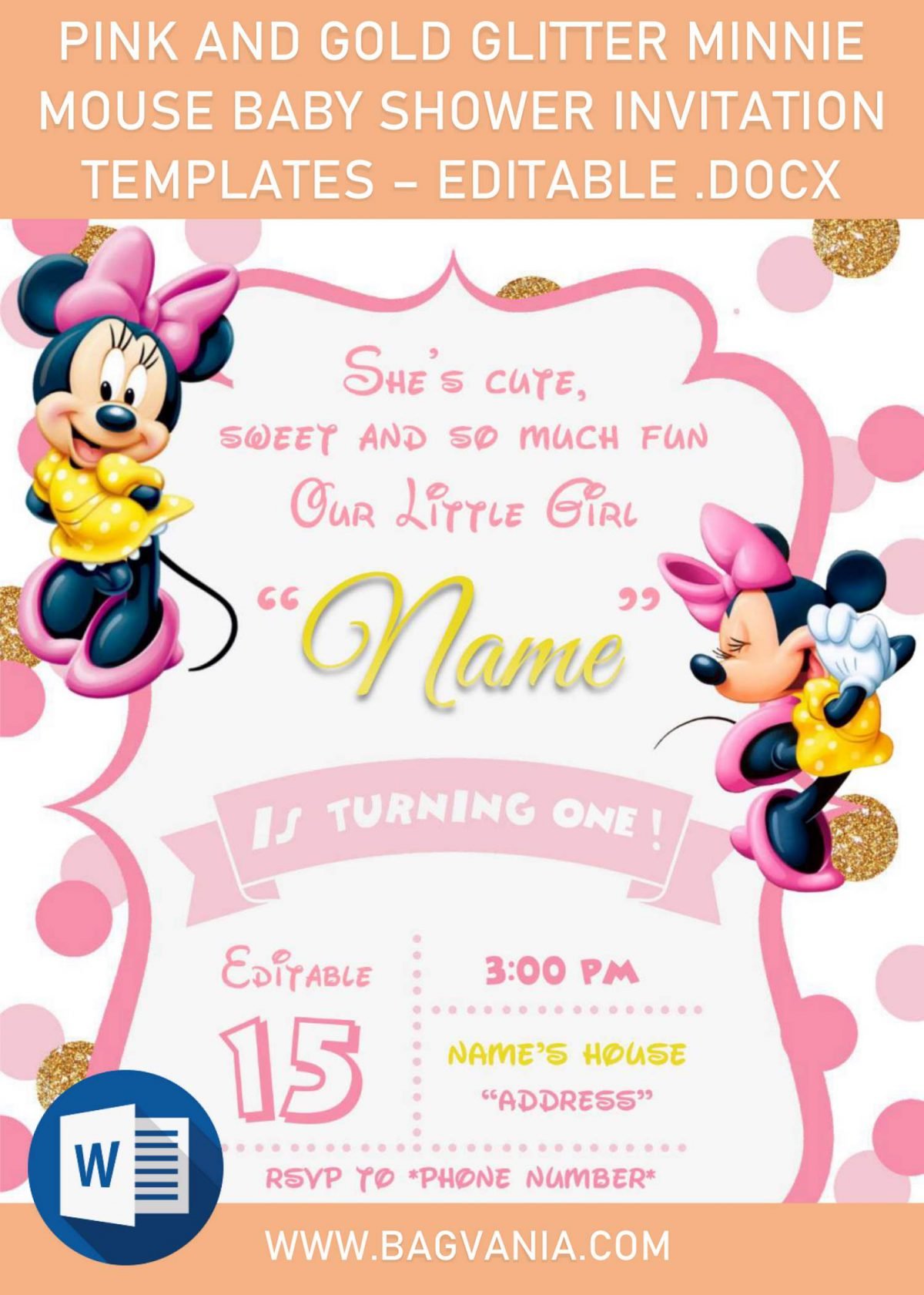 Pink And Gold Minnie Mouse Birthday Invitation Templates - Editable .Docx and has 