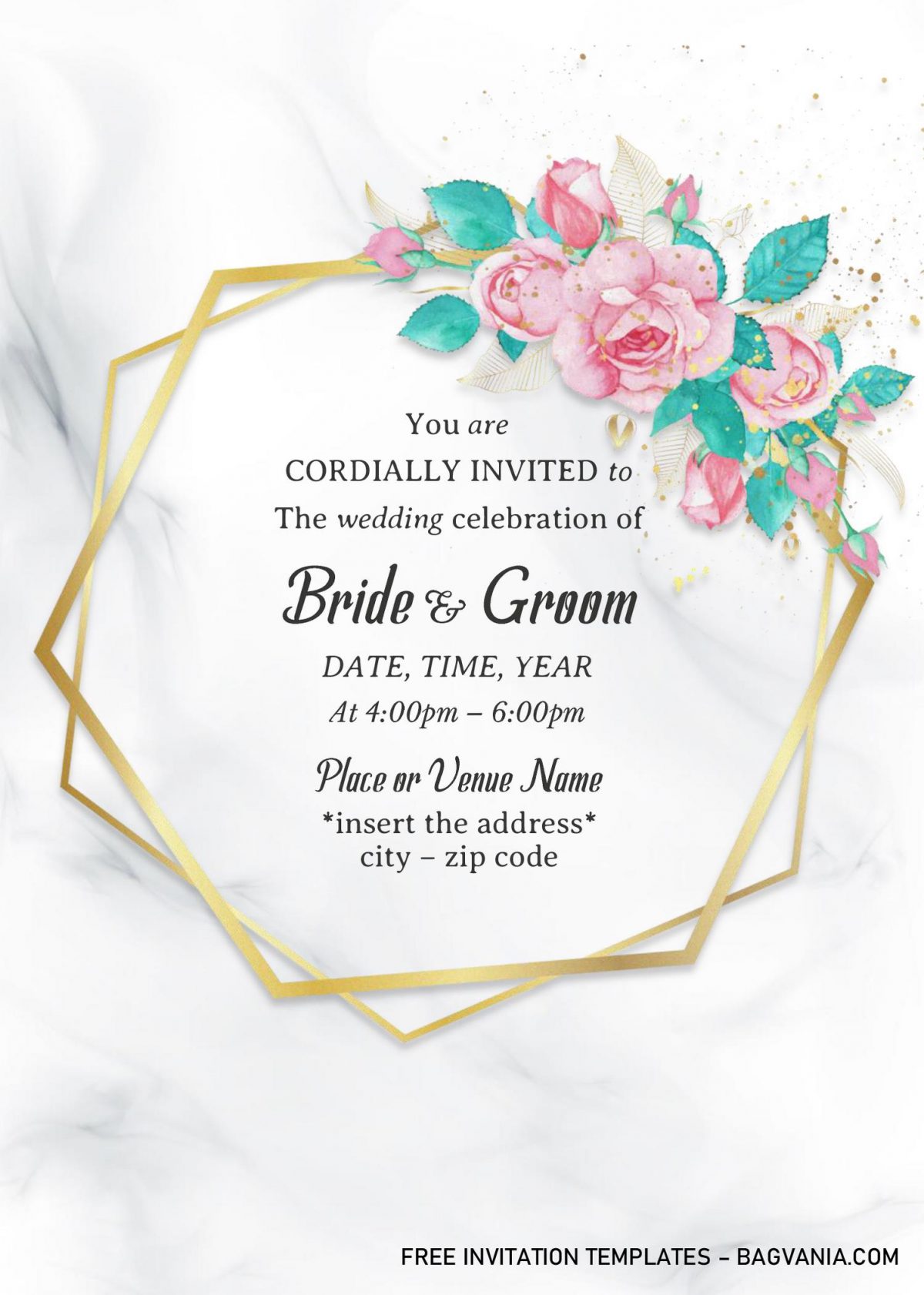 Gold Frame Floral Wedding Invitation Templates - Editable With MS Word and has geometric pattern