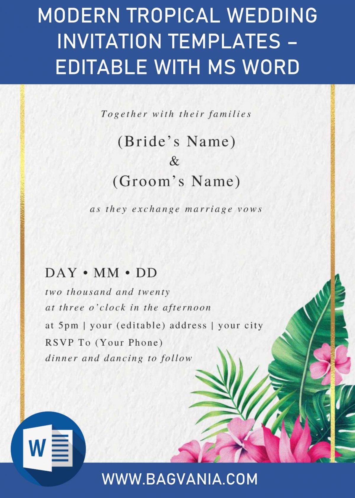 Modern Tropical Wedding Invitation Templates - Editable With MS Word and has luau party theme
