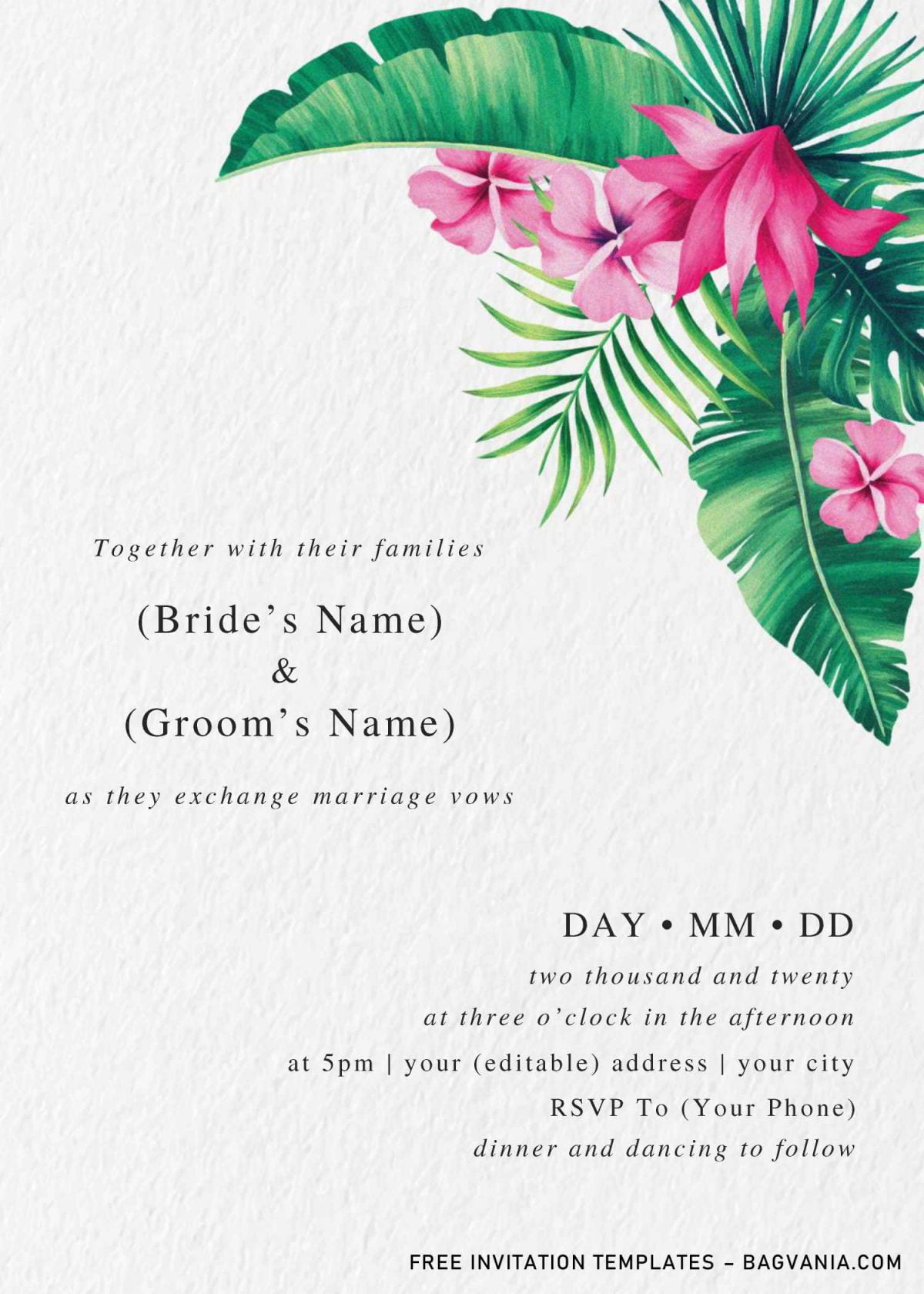 Modern Tropical Wedding Invitation Templates - Editable With MS Word and has monstera leaves