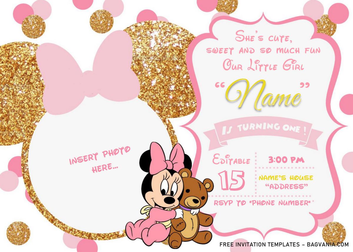 Pink And Gold Minnie Mouse Birthday Invitation Templates - Editable .Docx and has gold glitter Minnie's ears