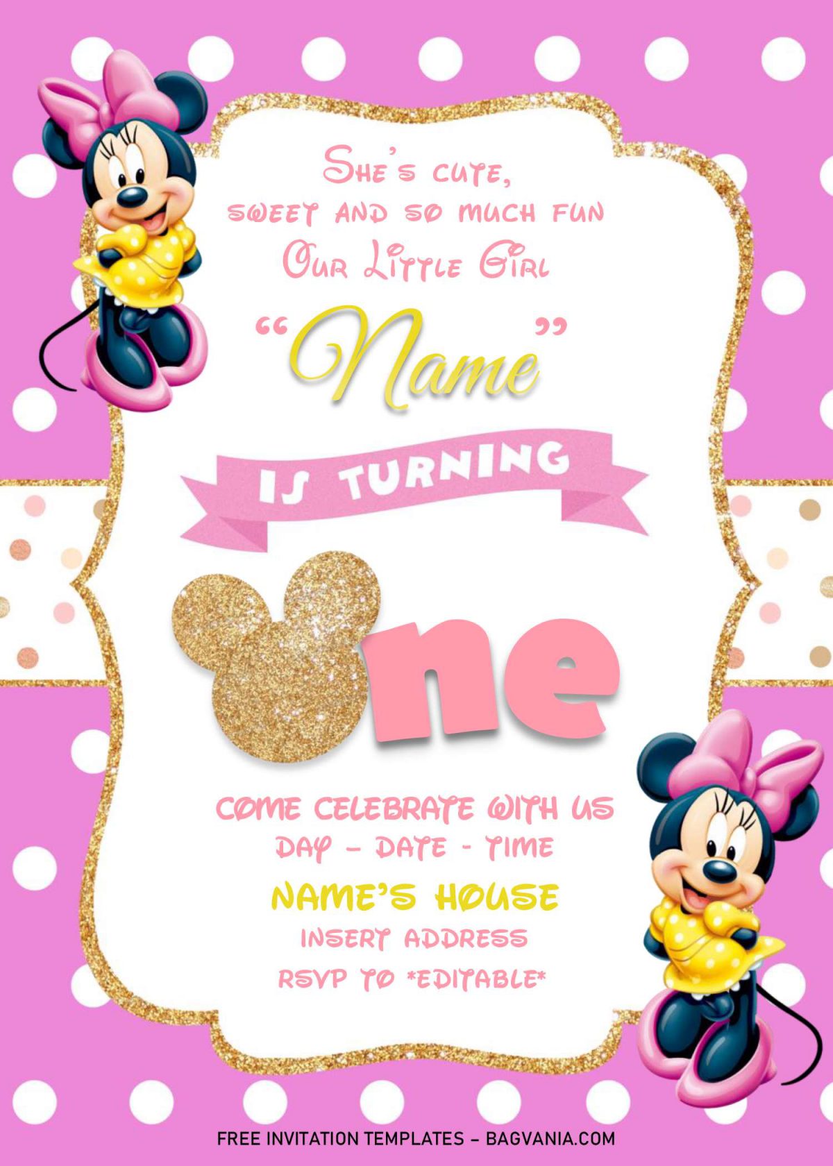 Gold Glitter Minnie Mouse Invitation Templates - Editable .Docx and has gold text frame