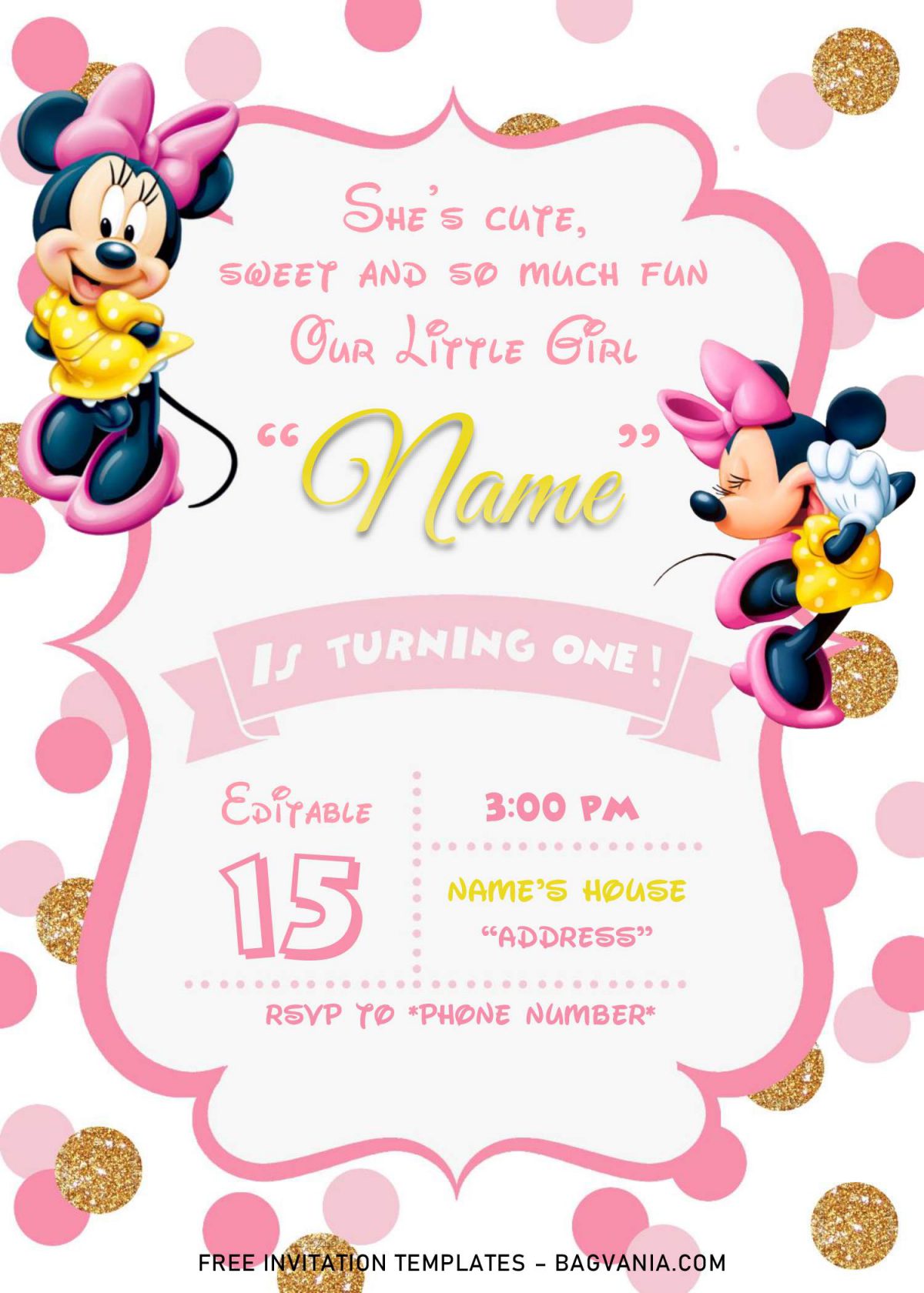 Pink And Gold Minnie Mouse Birthday Invitation Templates - Editable .Docx and has pink and gold glitter background
