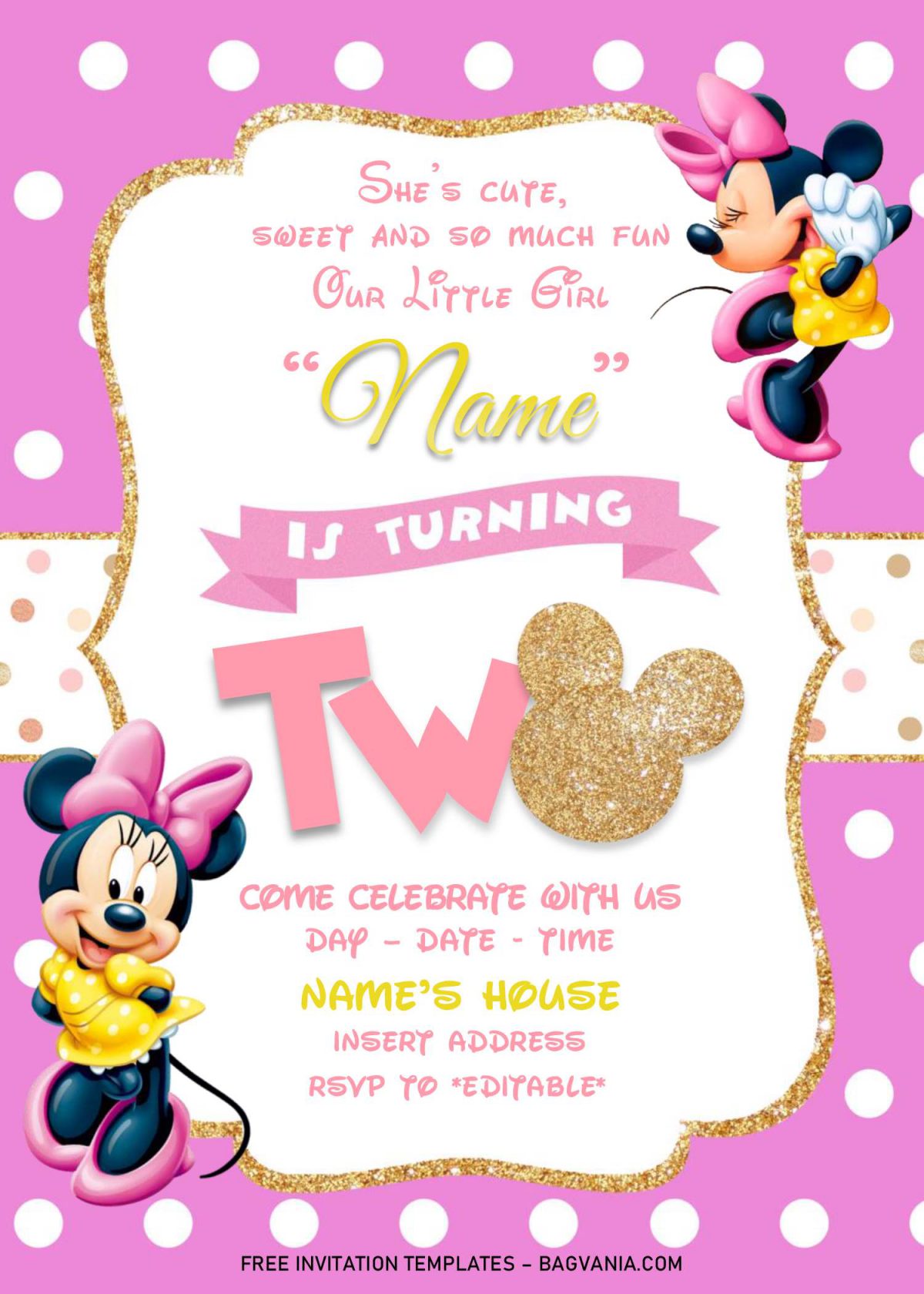 Gold Glitter Minnie Mouse Invitation Templates - Editable .Docx and has minnie in yellow dress