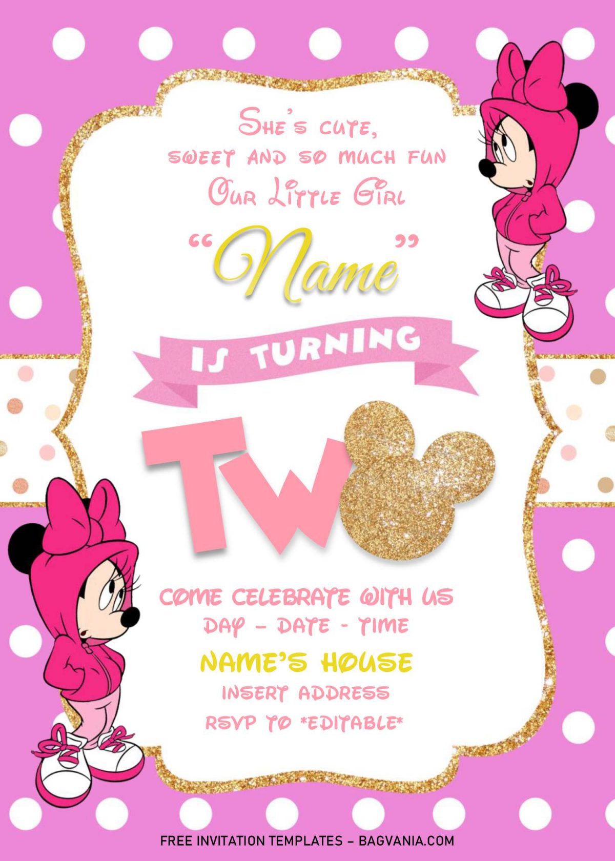 Gold Glitter Minnie Mouse Invitation Templates - Editable .Docx and has minnie wearing hoodie