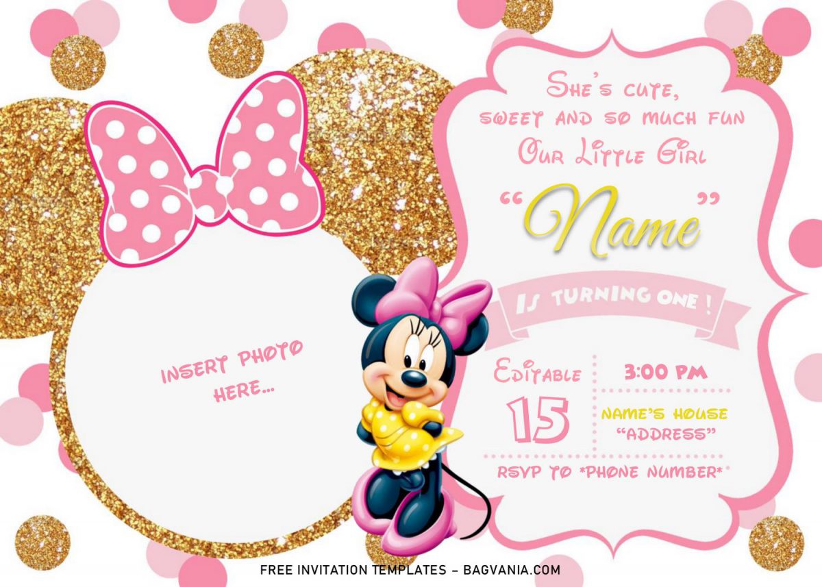 Pink And Gold Minnie Mouse Birthday Invitation Templates - Editable .Docx and has portrait orientation