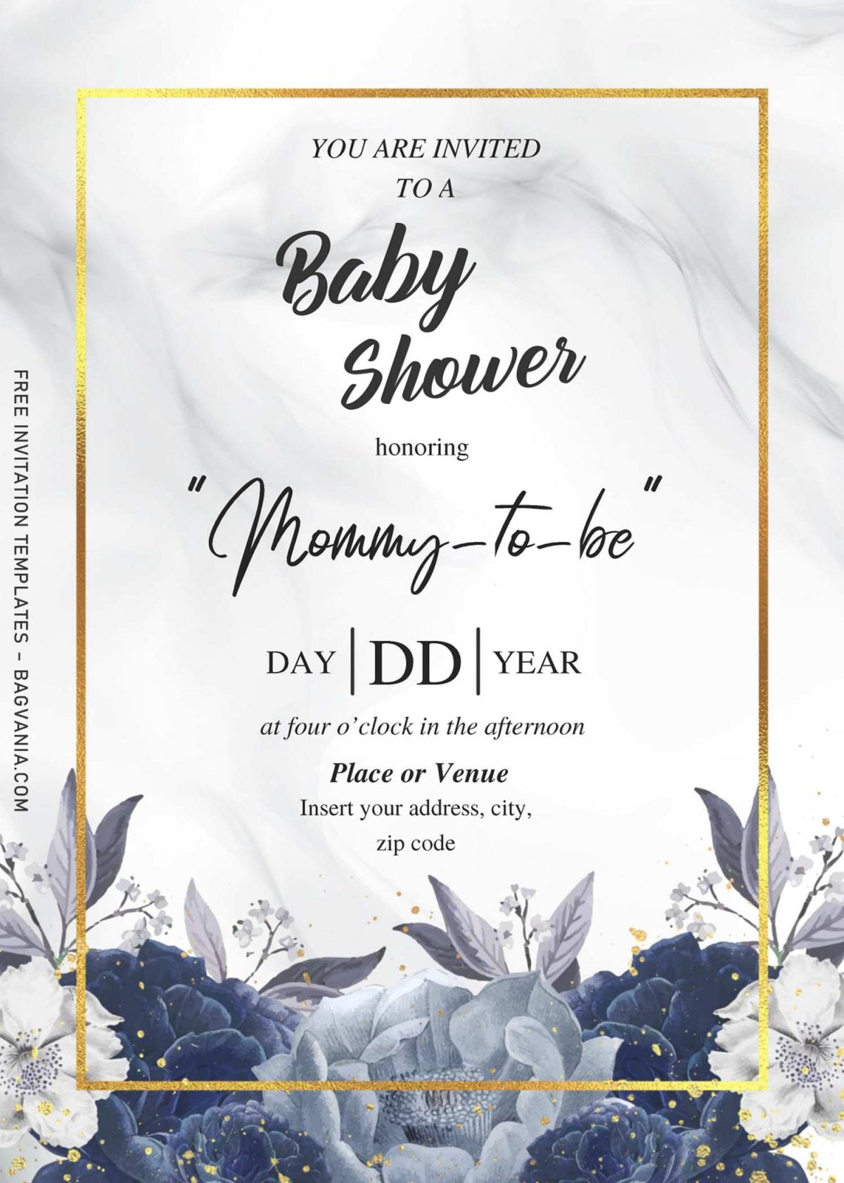 Dusty Blue Rose Baby Shower Invitation Templates - Editable With MS Word and has white and black marble background