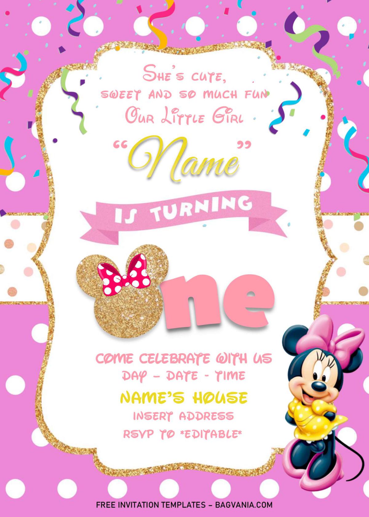 Gold Glitter Minnie Mouse Invitation Templates - Editable .Docx and has portrait orientation