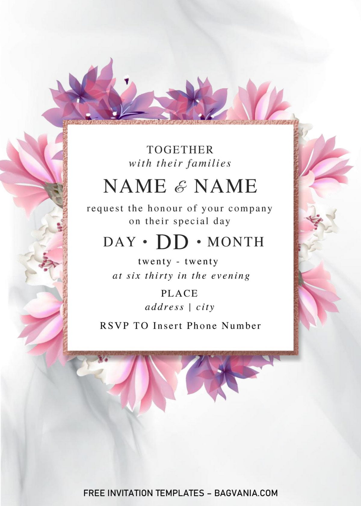 Festive Floral Wedding Invitation Templates - Editable With Microsoft Word and has white and black marble background