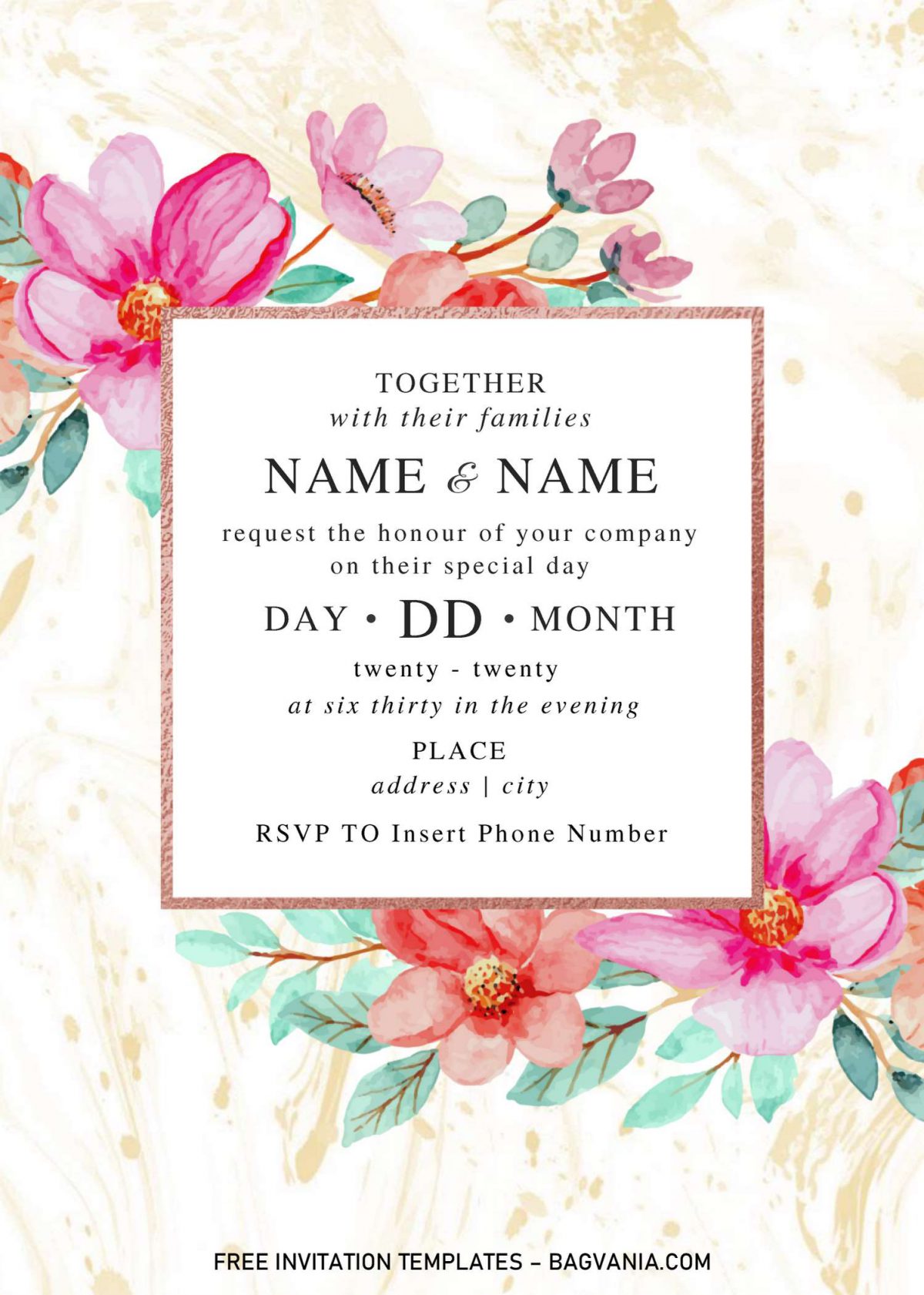 Festive Floral Wedding Invitation Templates - Editable With Microsoft Word and has custom square foliage frame