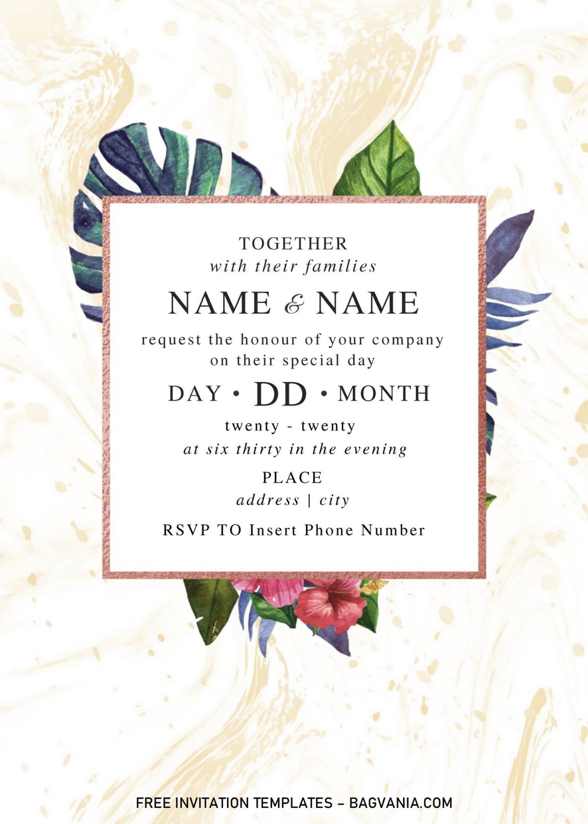 Festive Floral Wedding Invitation Templates - Editable With Microsoft Word and has gold marble background