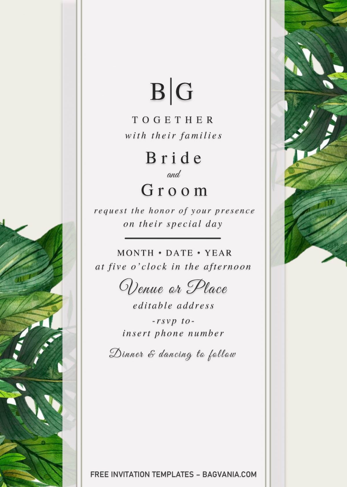 Summer Garden Wedding Invitation Templates - Editable With MS Word and has botanical green leaves