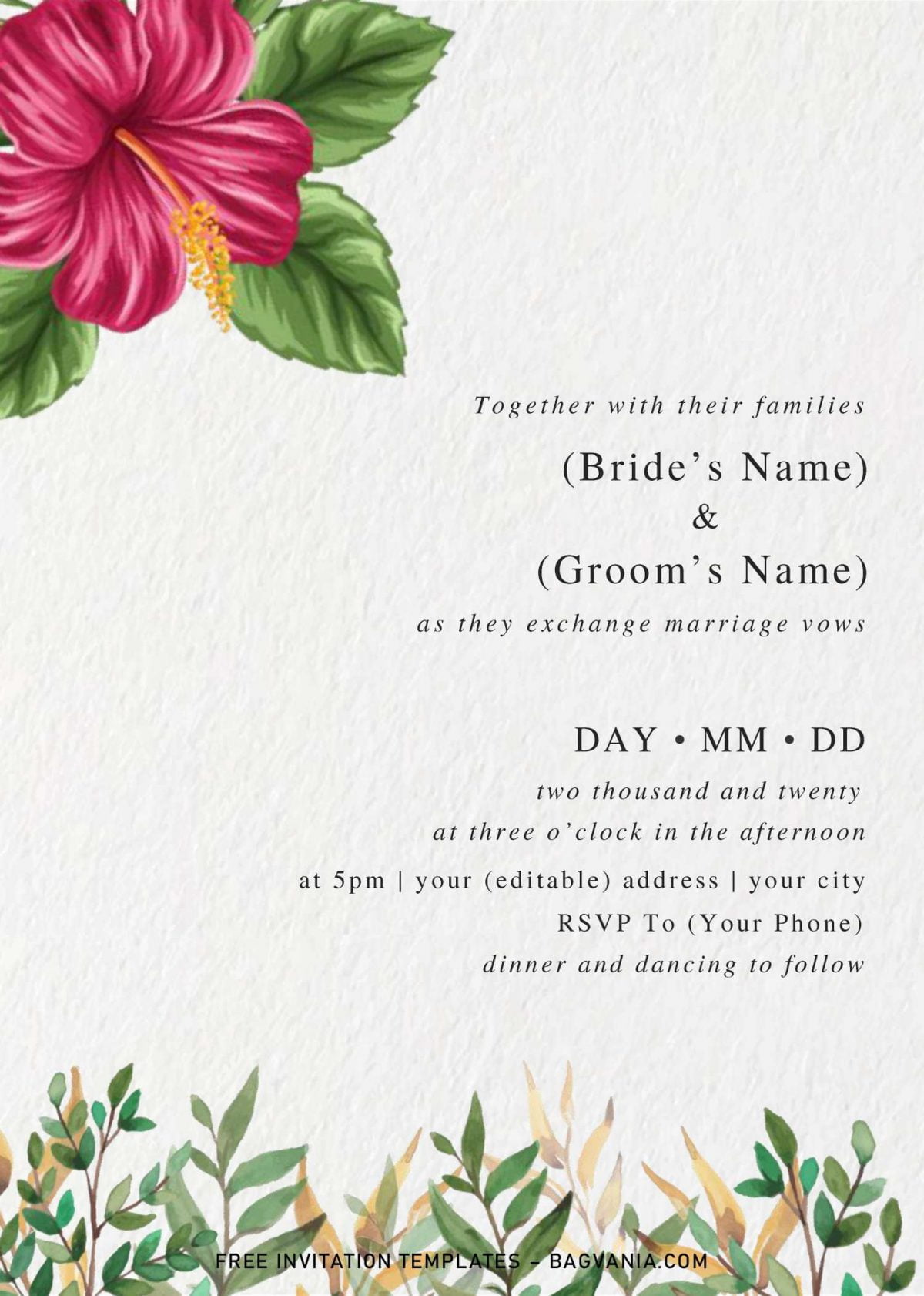 Modern Tropical Wedding Invitation Templates - Editable With MS Word and has green eucalyptus leaves