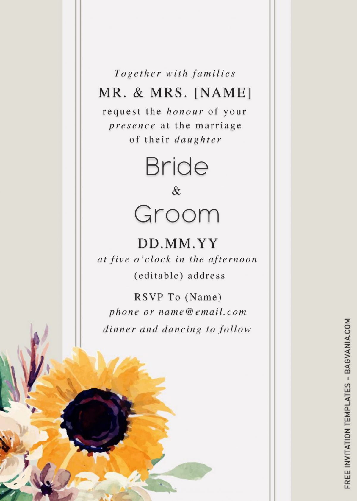 Sunflower Wedding Invitation Templates - Editable With Microsoft Word and has bright yellow sunflowers