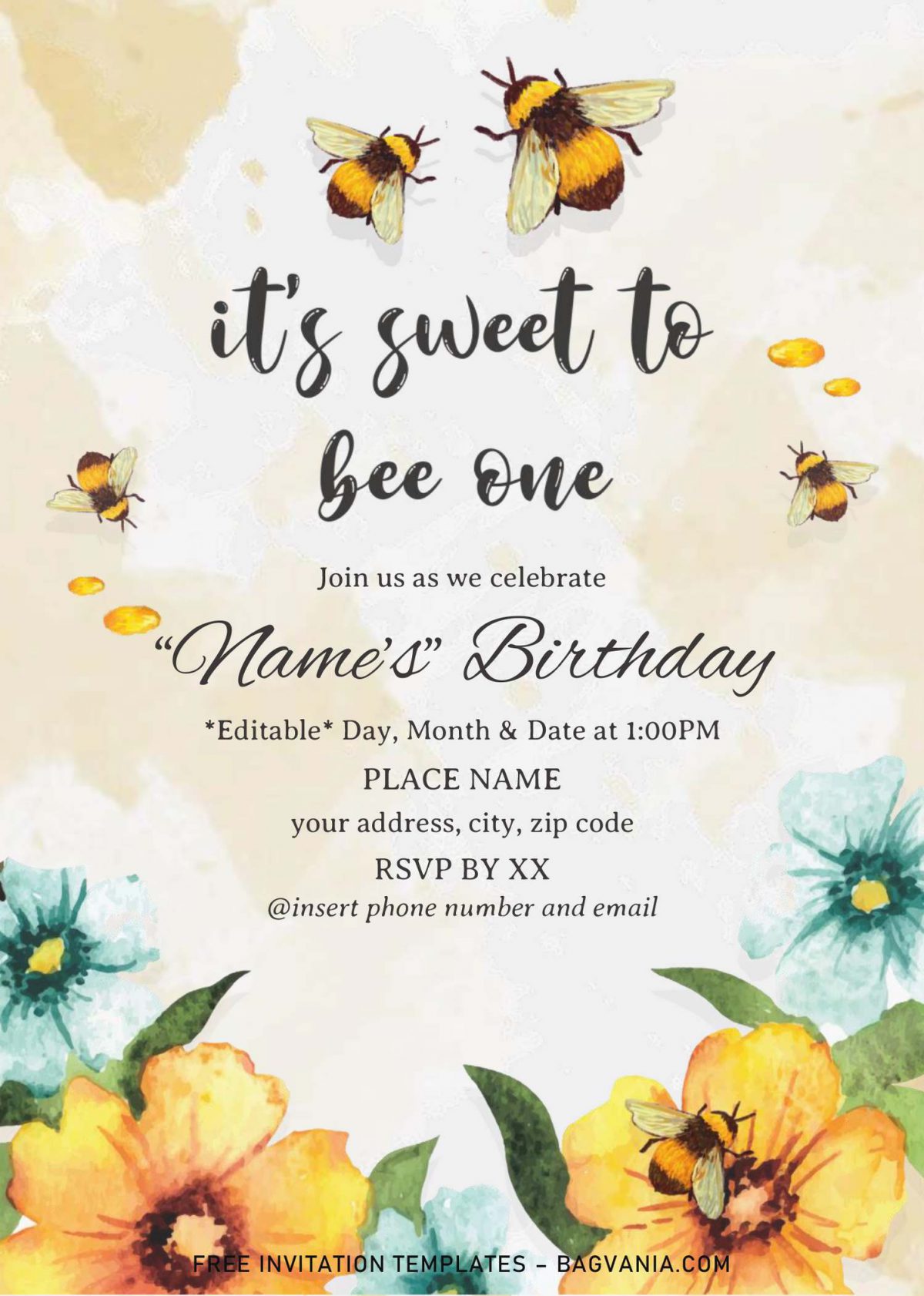 First Bee Day Birthday Invitation Templates - Editable .Docx and has portrait orientation card design