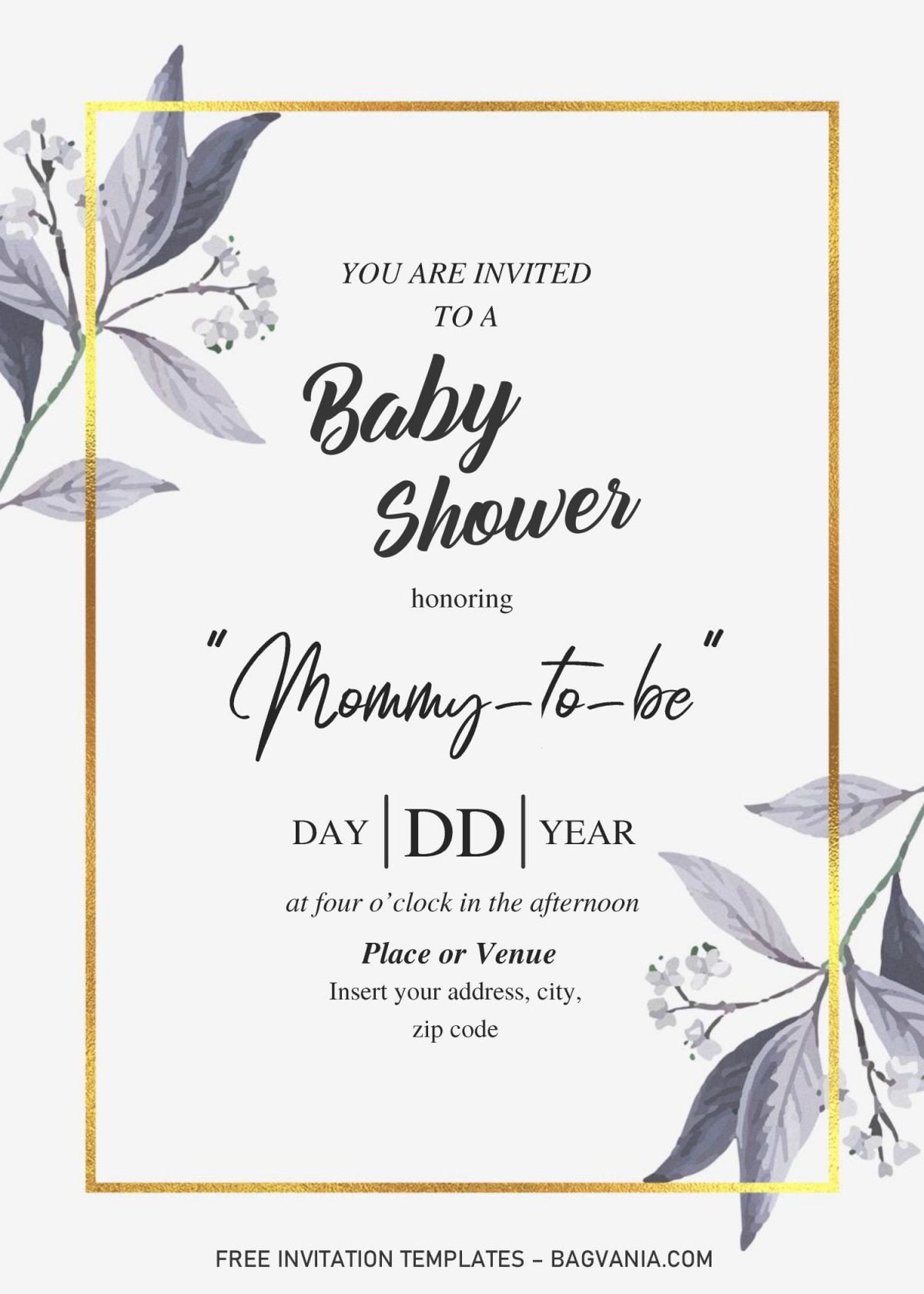 Dusty Blue Rose Baby Shower Invitation Templates - Editable With MS Word and has Gold foil text frame