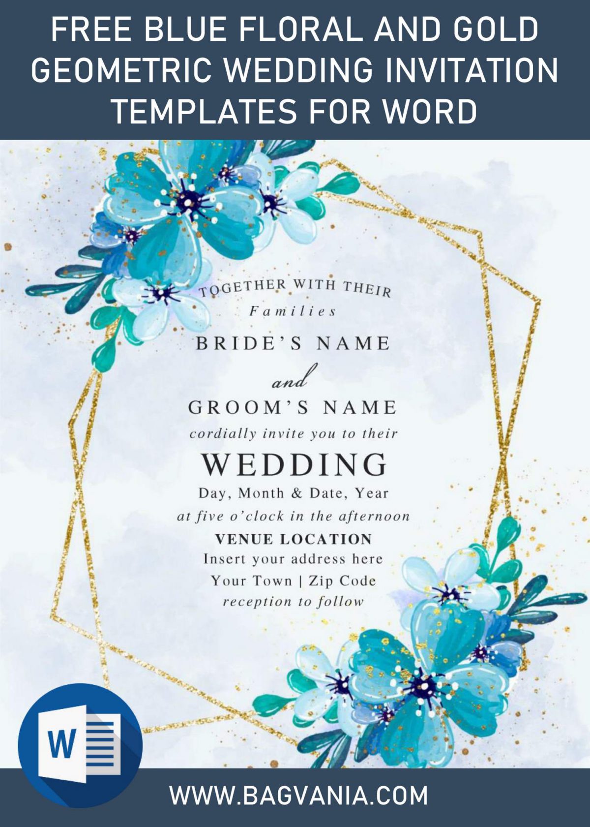 Free Blue Floral And Gold Geometric Wedding Invitation Templates For Word