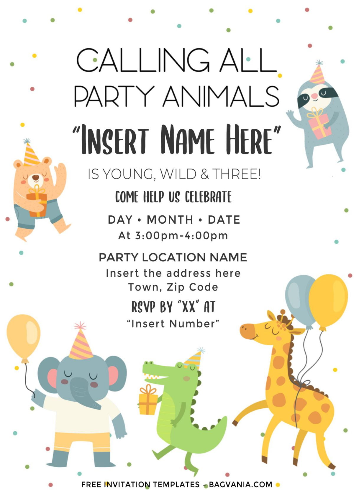 Free Cute Party Animals Birthday Invitation Templates For Word and has portrait orientation card design