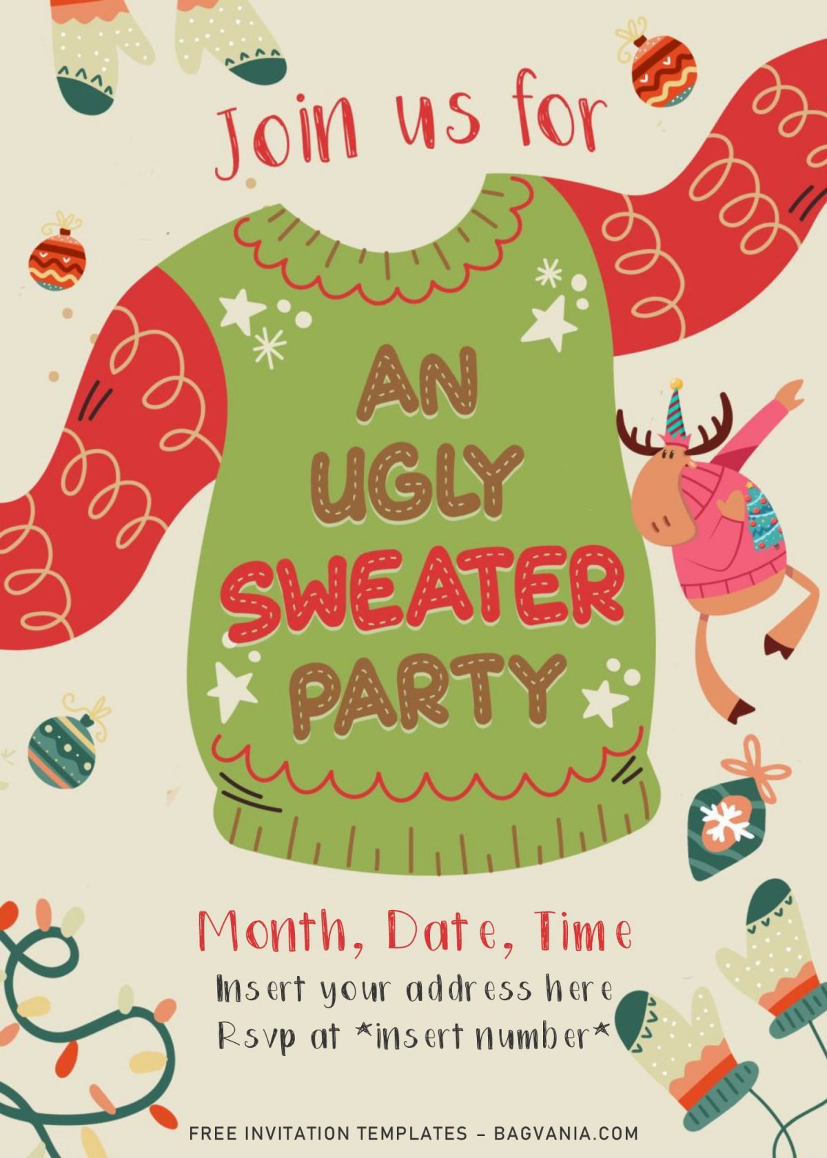 Free Winter Ugly Sweater Birthday Party Invitation Templates For Word and has dabbing deer and Christmas ornaments