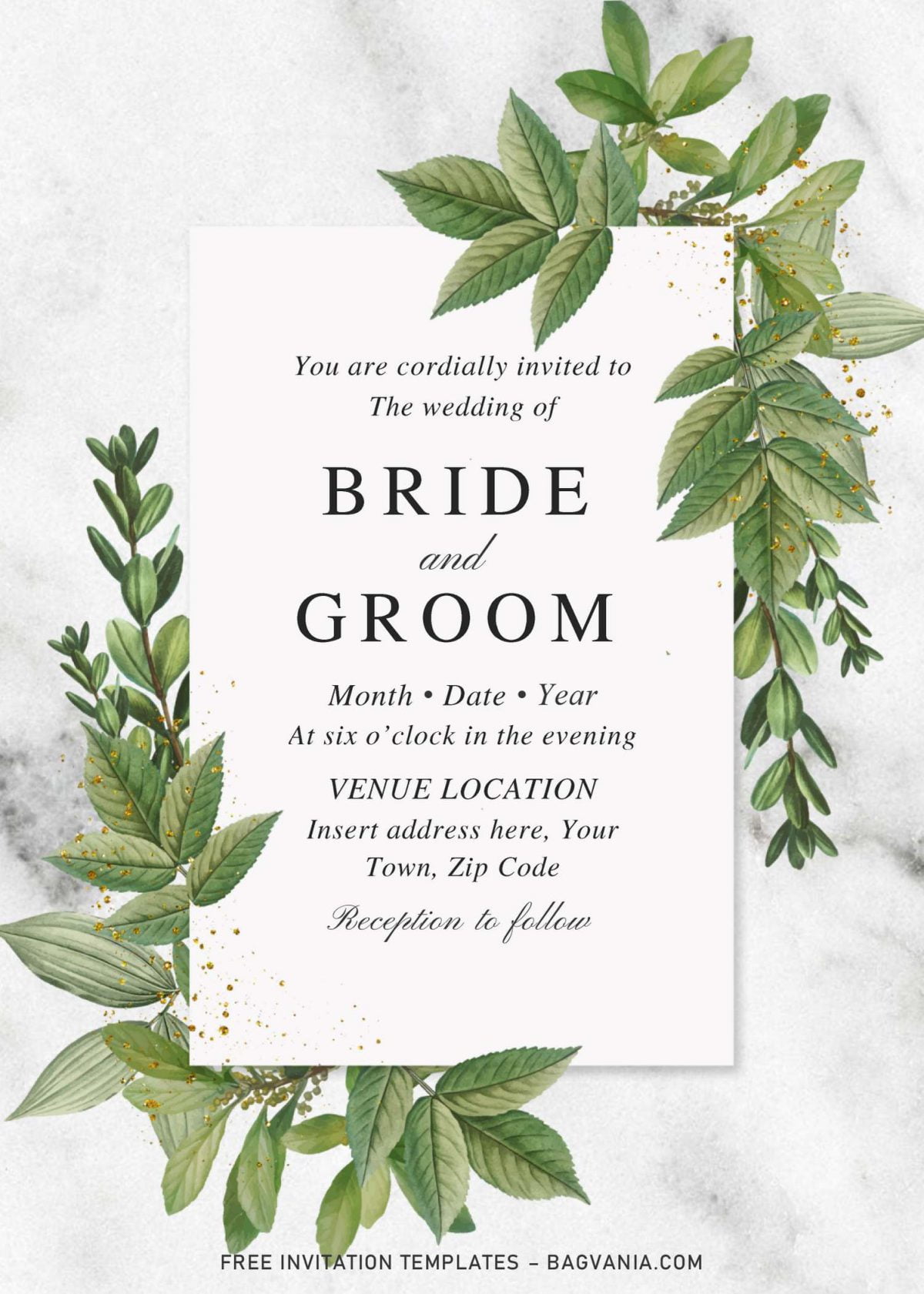 Free Botanical Leaves Wedding Invitation Templates For Word and has white text box and elegant vintage script typography