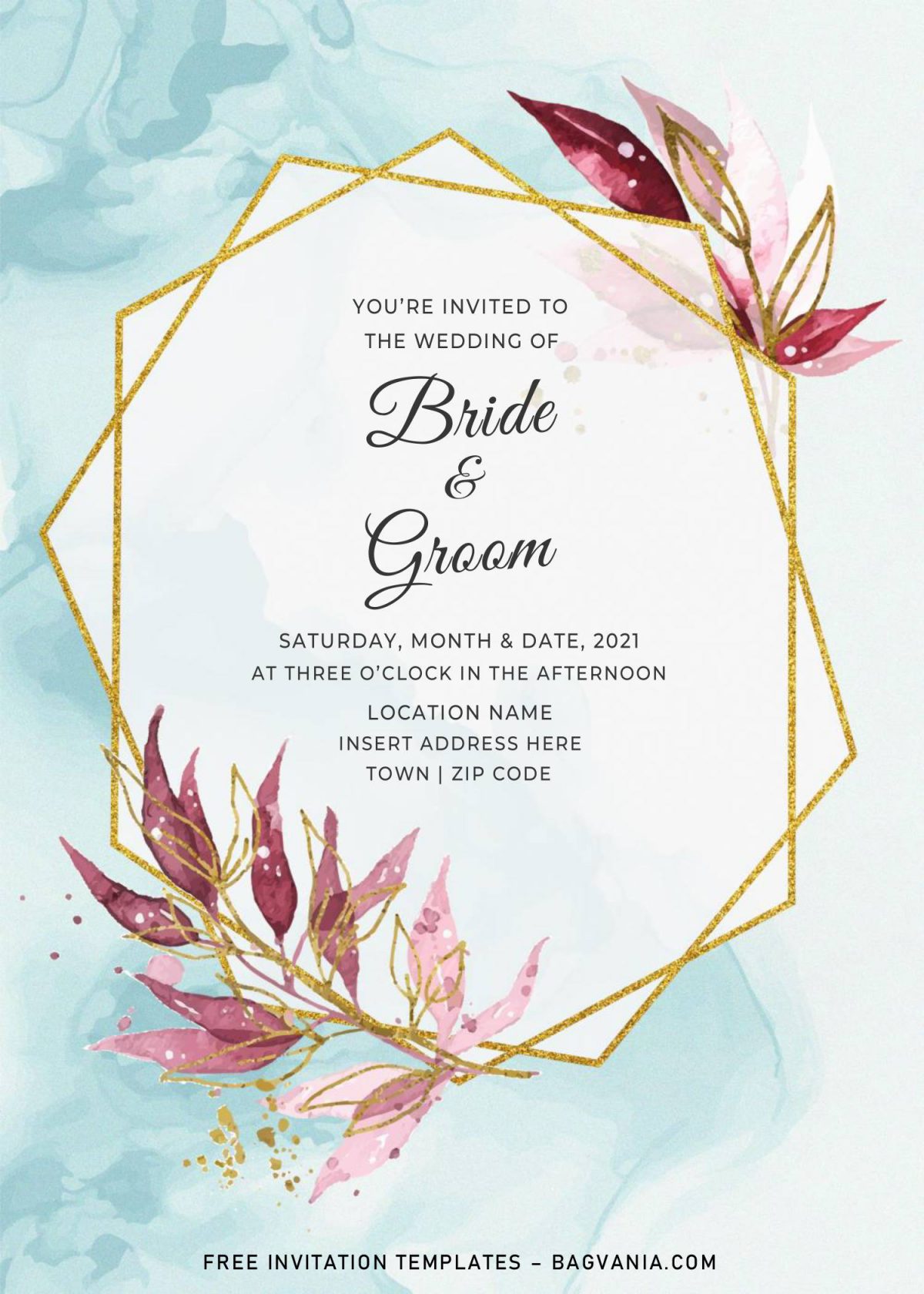 Free Gold Boho Wedding Invitation Templates For Word and has gold geometric frame or pattern