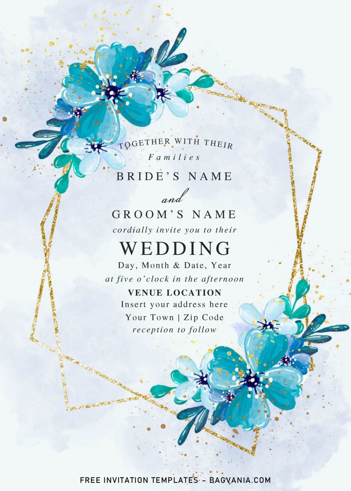 Free Blue Floral And Gold Geometric Wedding Invitation Templates For Word and has vintage blue background