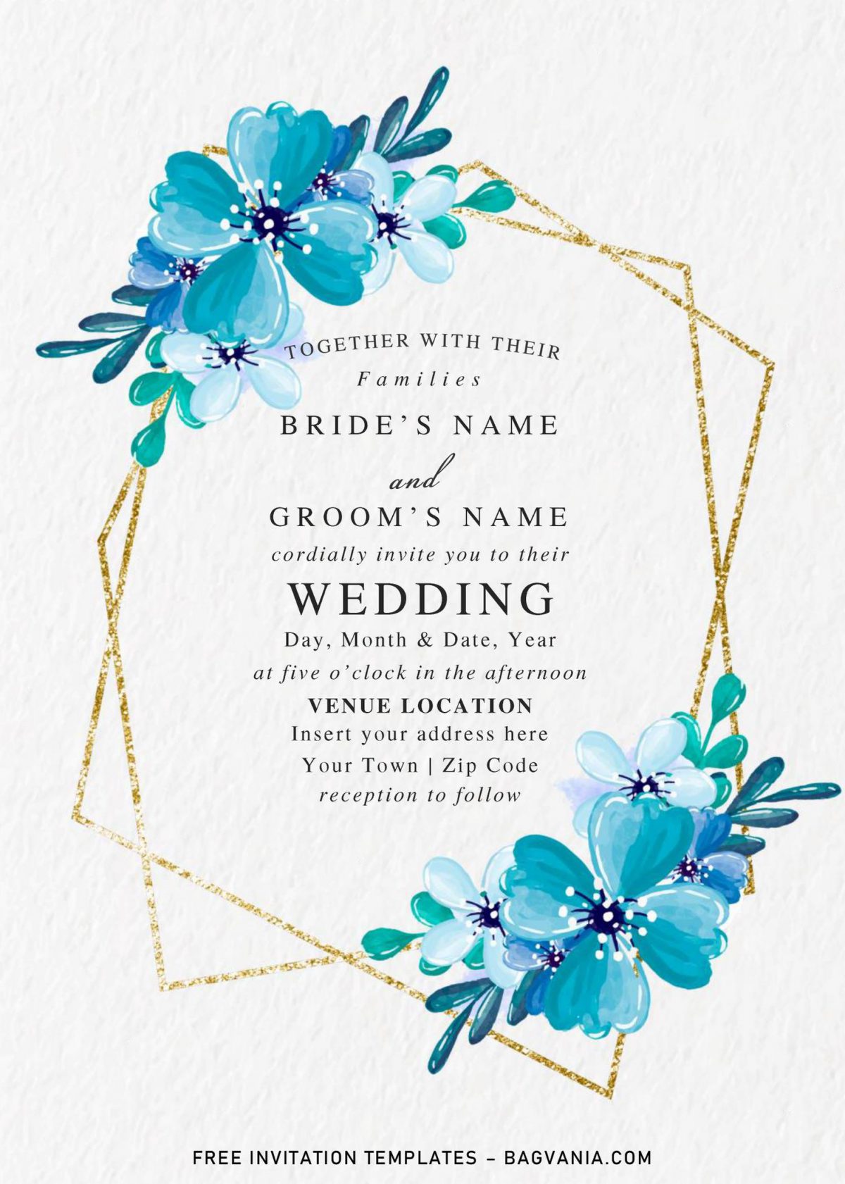 Free Blue Floral And Gold Geometric Wedding Invitation Templates For Word and has gorgeous blue roses and gold splatter