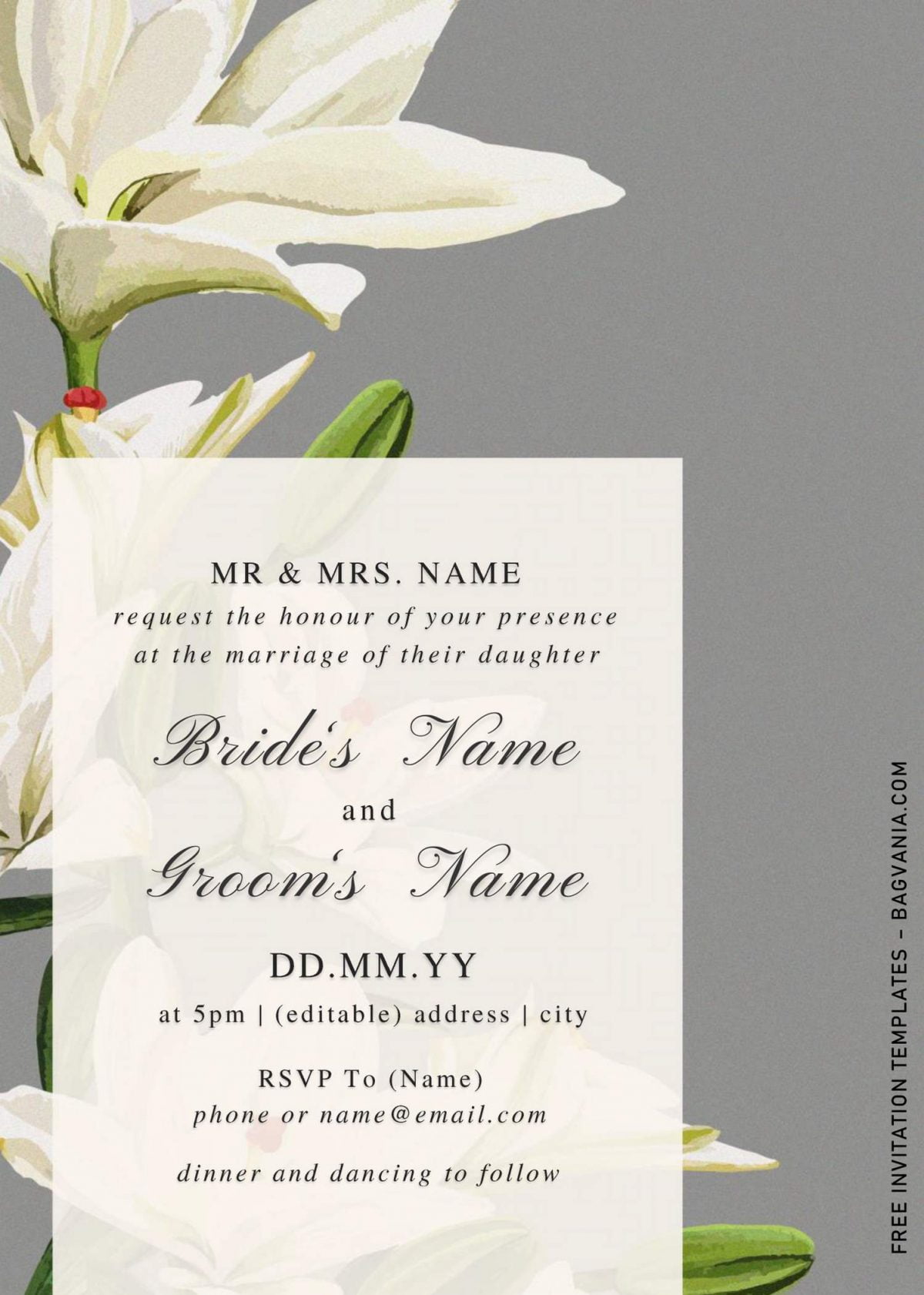 Free Watercolor Lily Wedding Invitation Templates For Word and has white text box and minimalist design