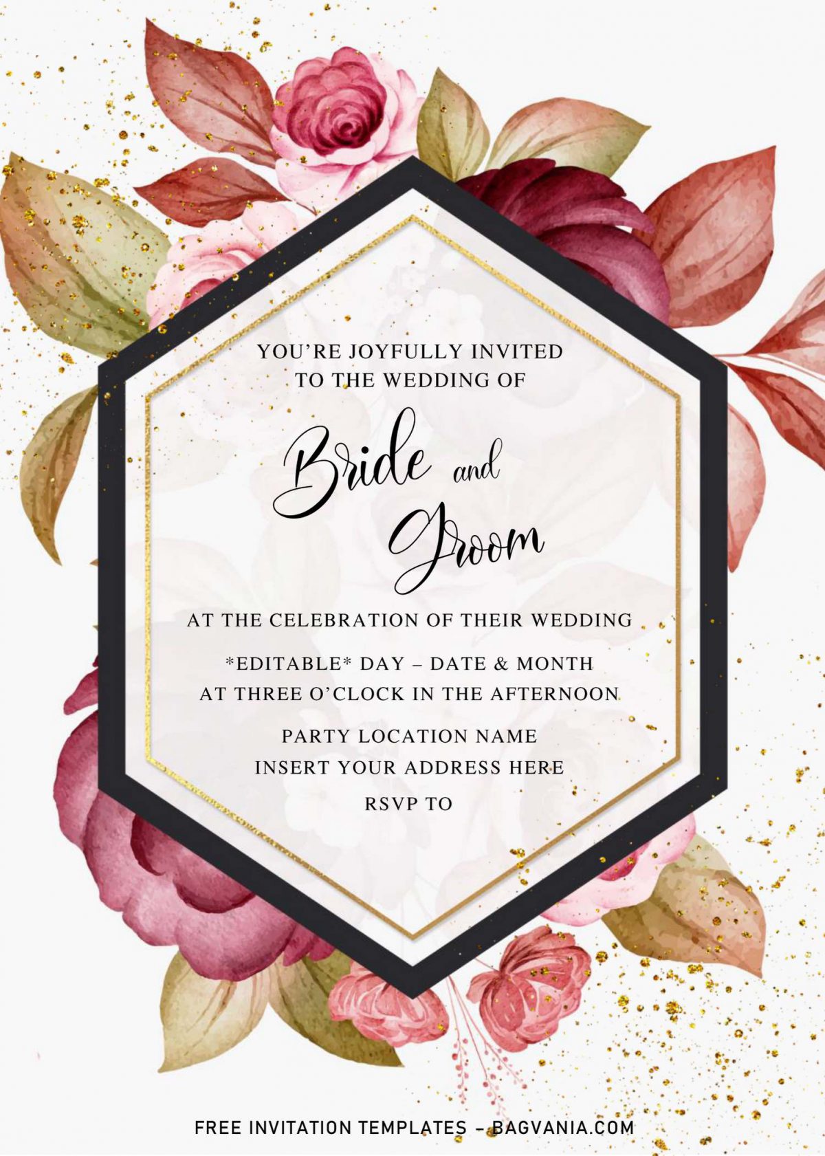 Free Burgundy Floral Wedding Invitation Templates For Word and has polygon shaped text box