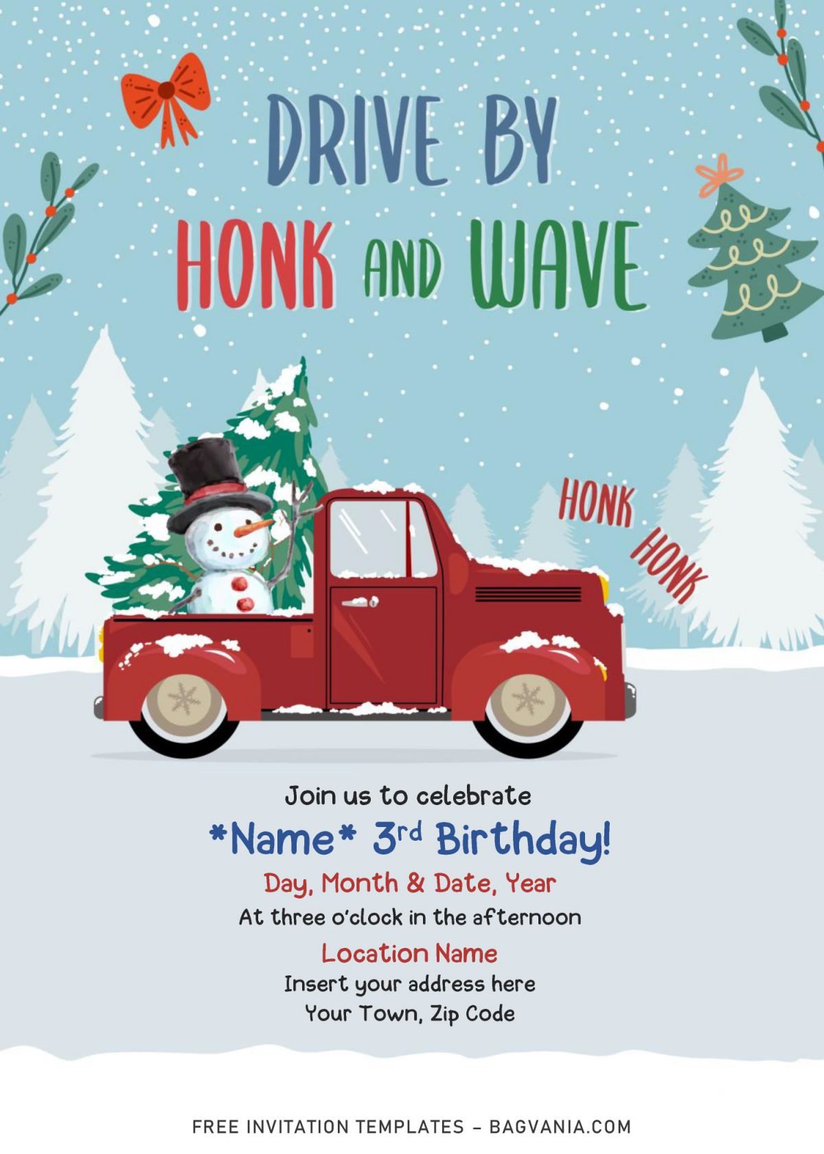 Free Winter Red Truck Drive By Birthday Party Invitation Templates For Word and has 