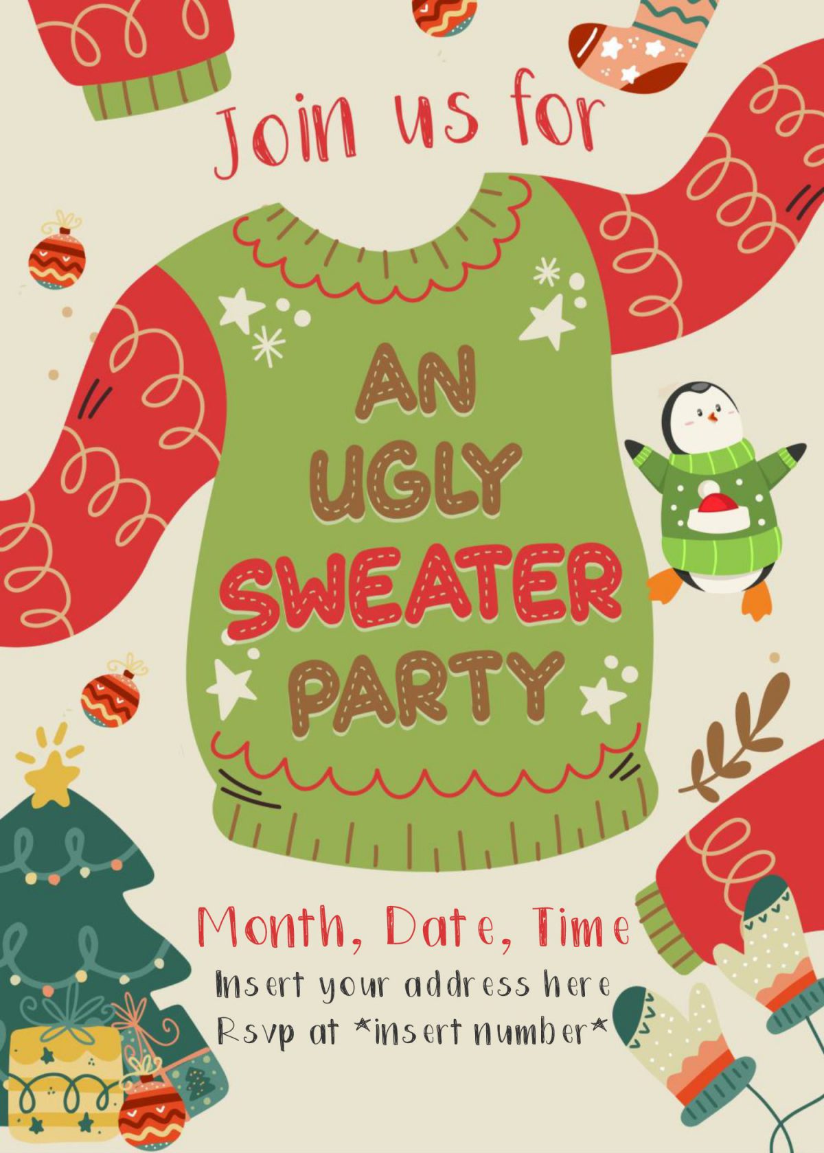 Free Winter Ugly Sweater Birthday Party Invitation Templates For Word and has Christmas tree and balls