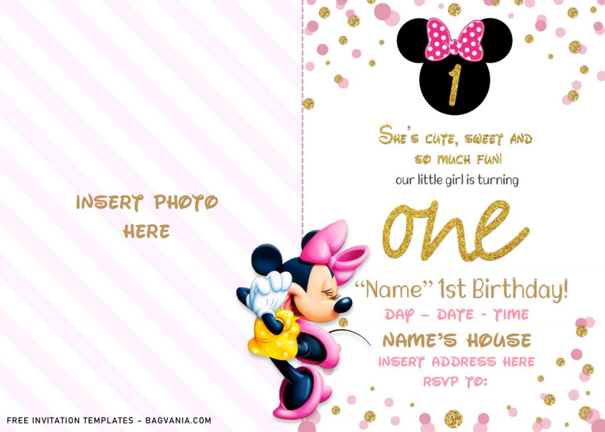 Free Sparkling Gold Glitter Minnie Mouse Birthday Invitation Templates For Word and has gold glitter polka dots