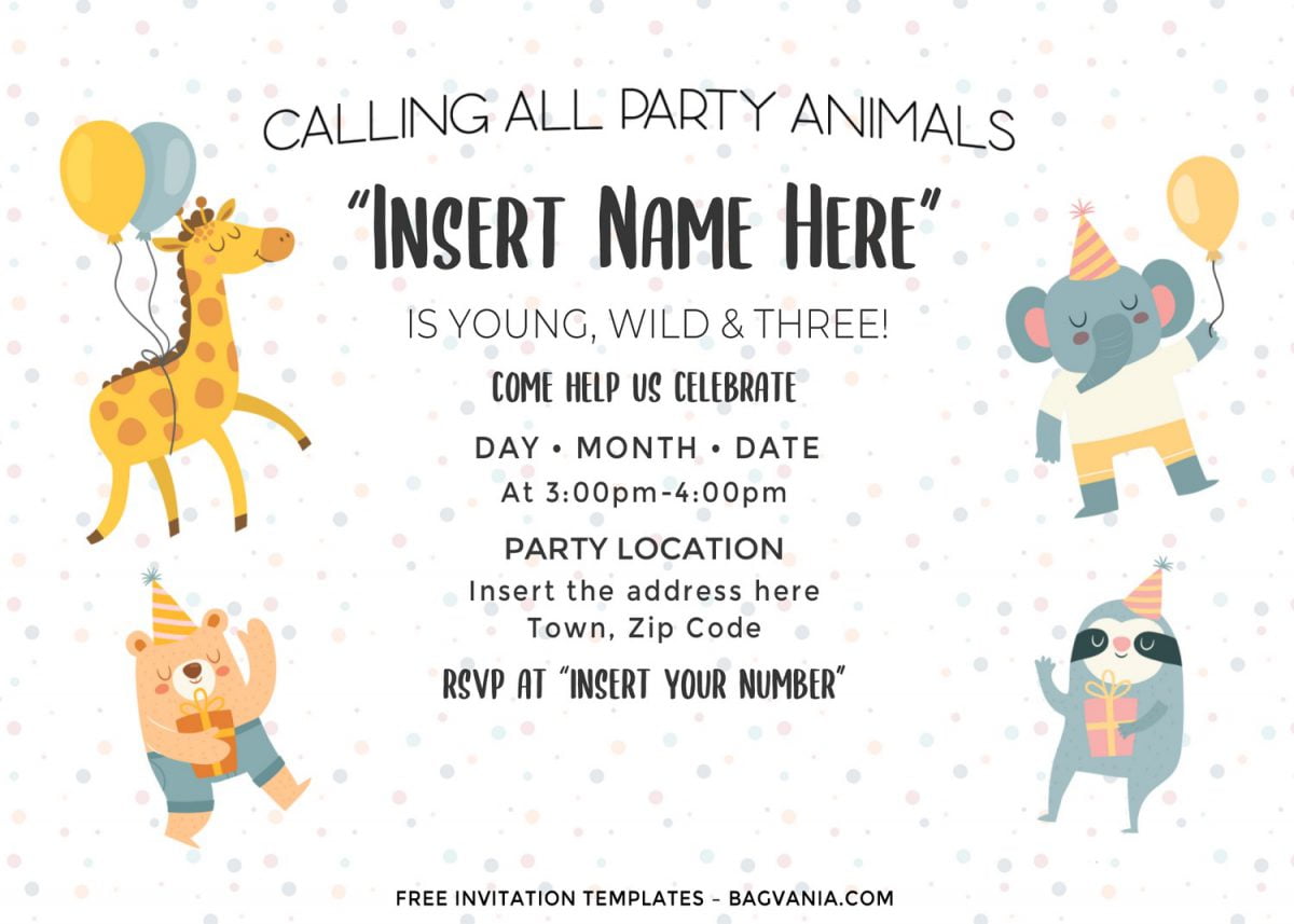 Free Cute Party Animals Birthday Invitation Templates For Word and has baby elephant and koala
