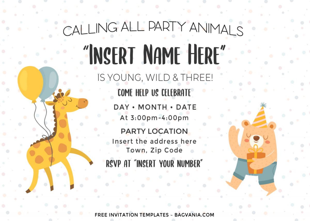 Free Cute Party Animals Birthday Invitation Templates For Word and has watercolor cute baby giraffe holds colorful balloons