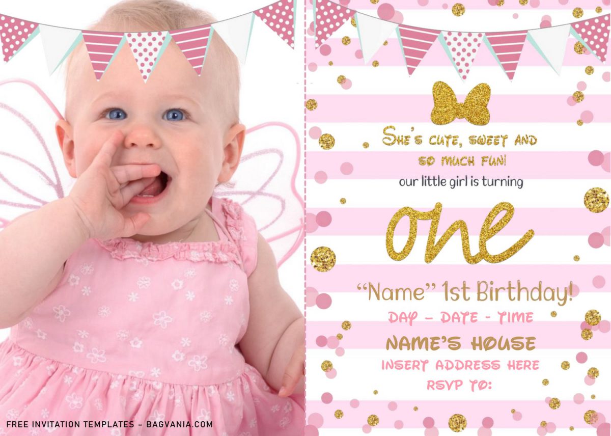 Free Sparkling Gold Glitter Minnie Mouse Birthday Invitation Templates For Word and has pink garland