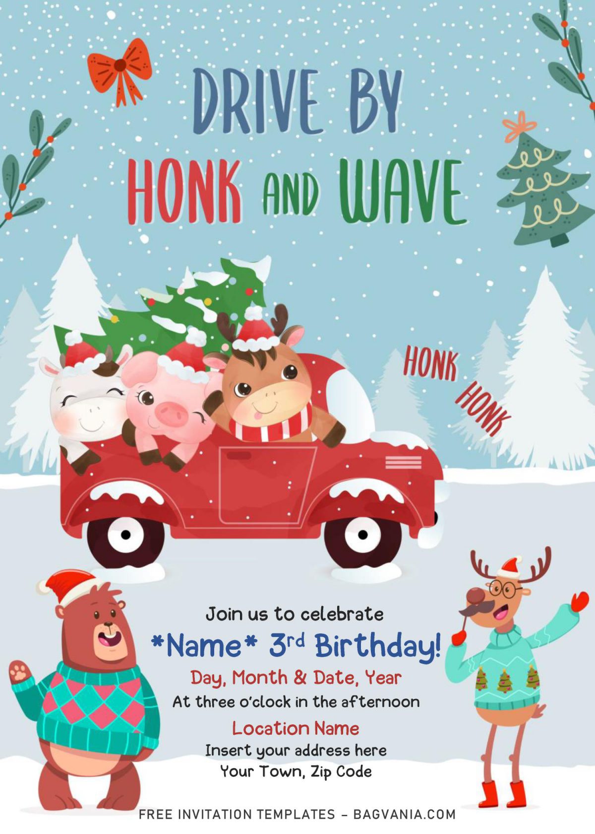 Free Winter Red Truck Drive By Birthday Party Invitation Templates For Word and has cute animals wearing sweater and hats