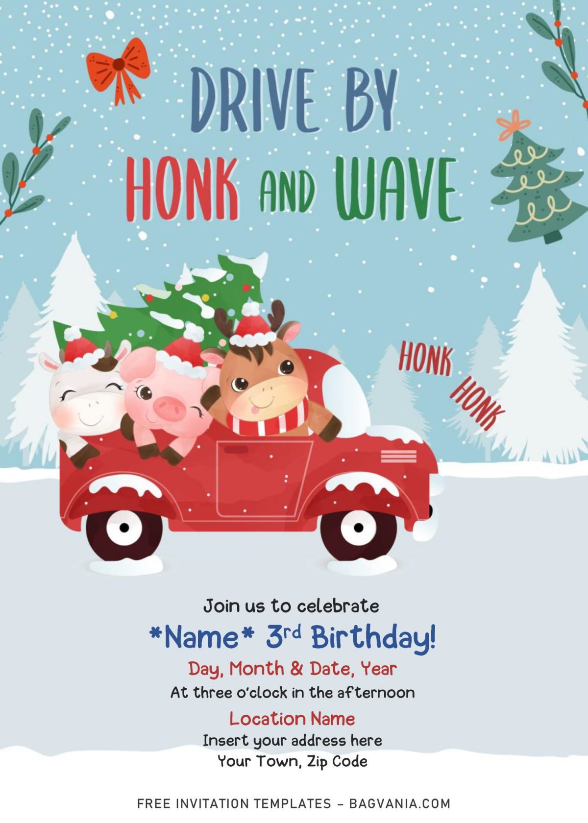 Free Winter Red Truck Drive By Birthday Party Invitation Templates For Word and has cute Cow and Pig