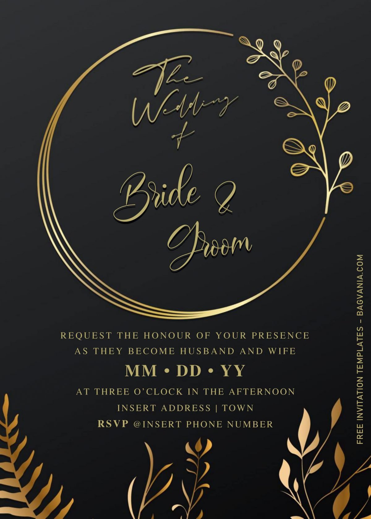 Free Elegant Black And Gold Wedding Invitation Templates For Word and has gold leaves