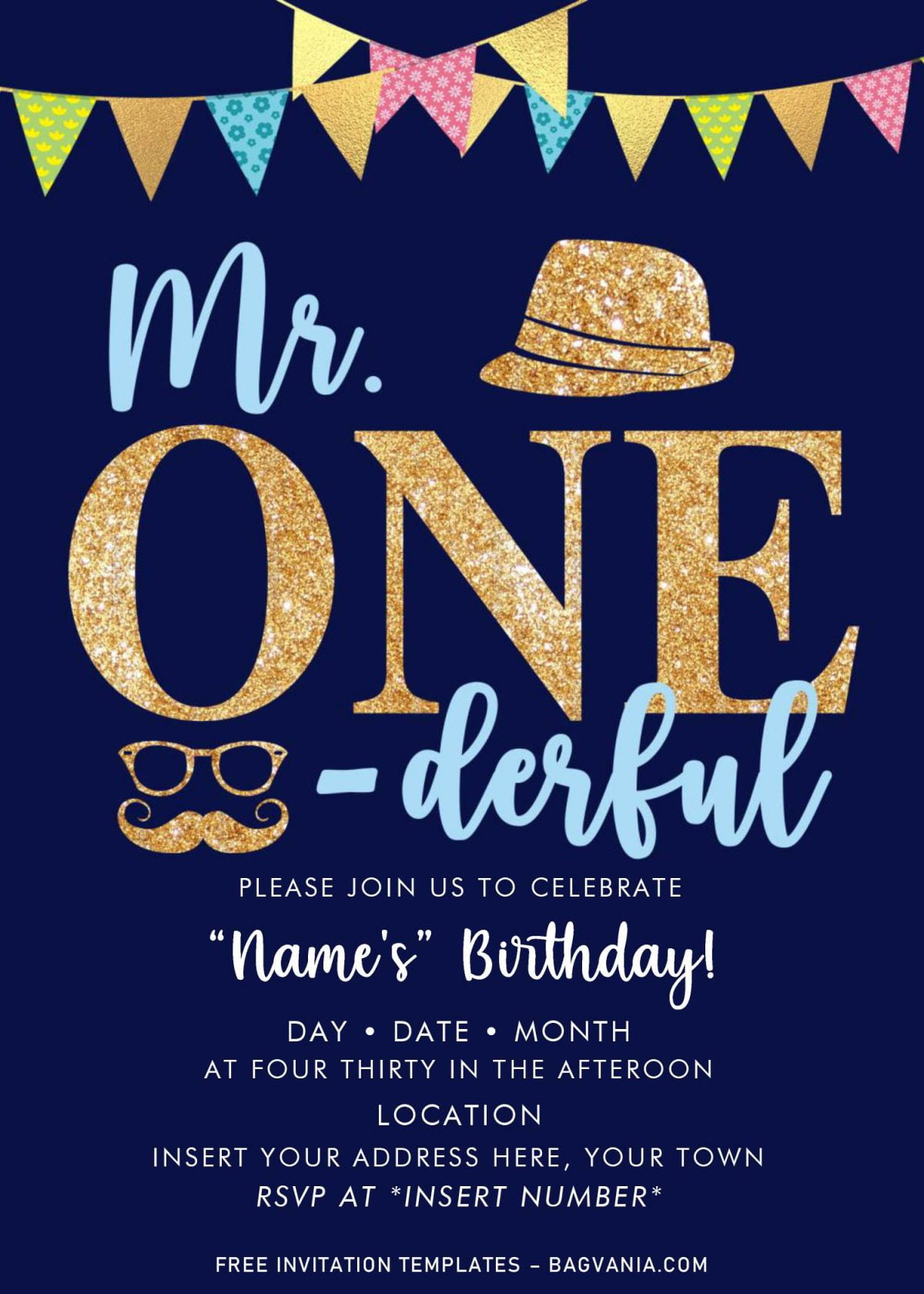 Free Mr. Onederful Birthday Party Invitation Templates For Word and has gold text and hats