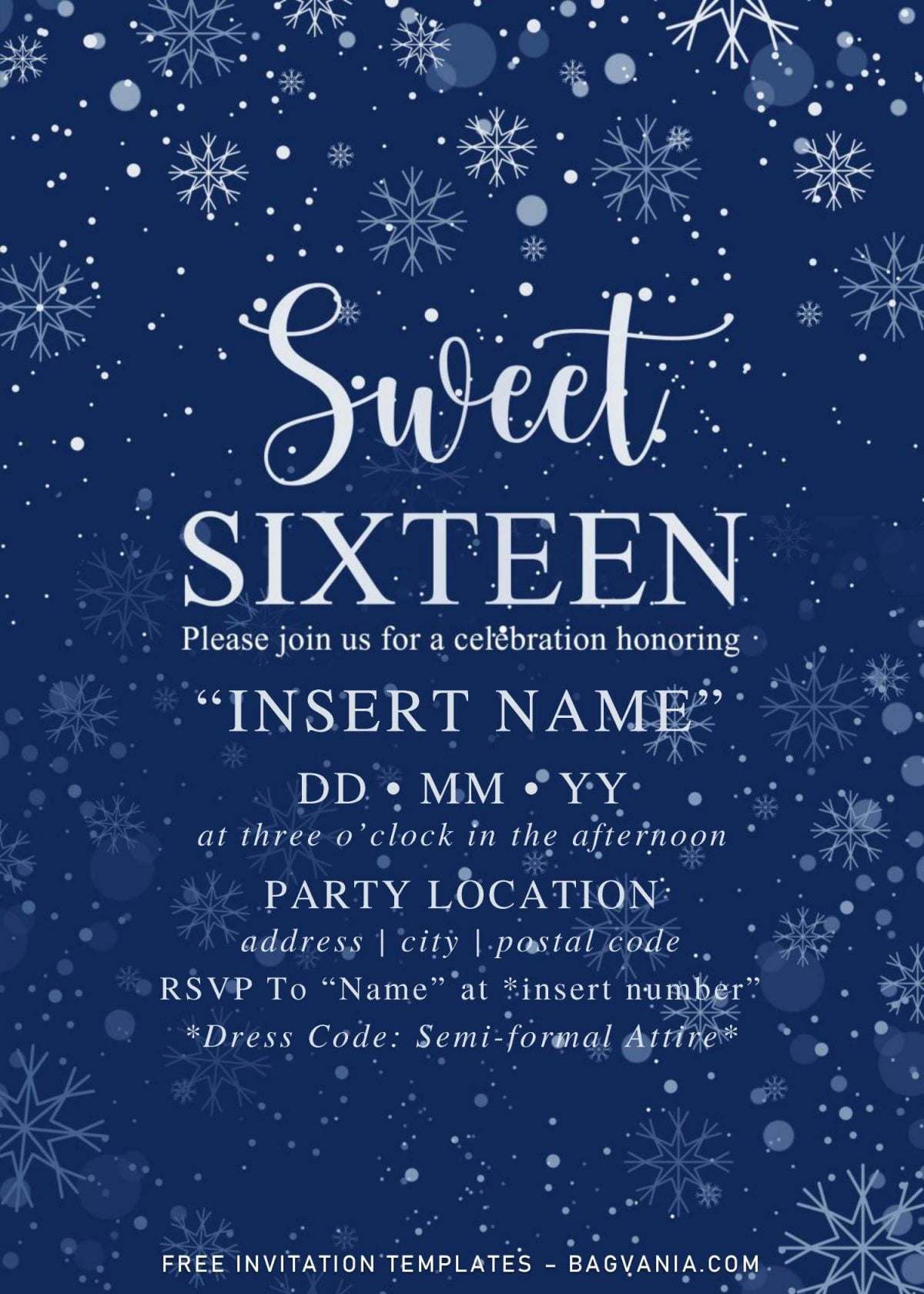 Free Winter Sweet Sixteen Birthday Invitation Templates For Word and has white snowflakes border