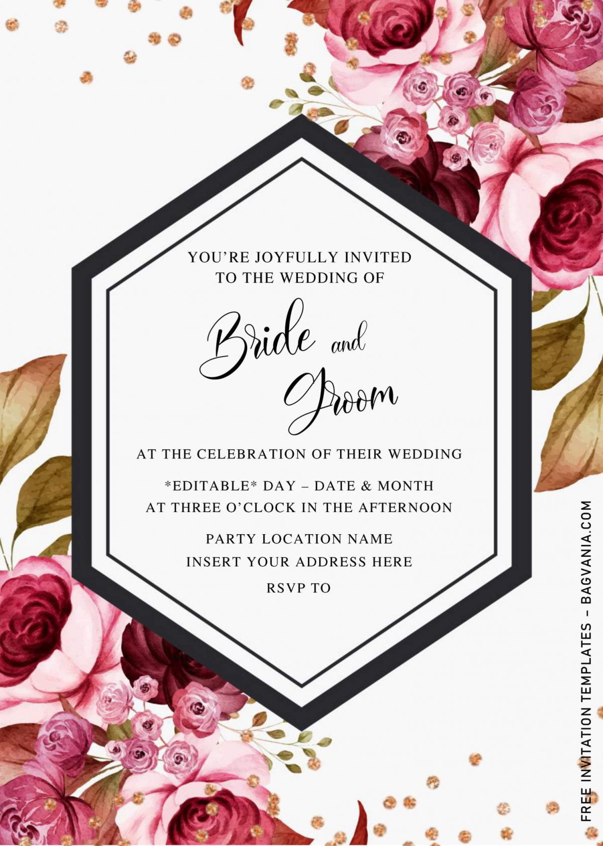 Free Burgundy Floral Wedding Invitation Templates For Word and has portrait orientation