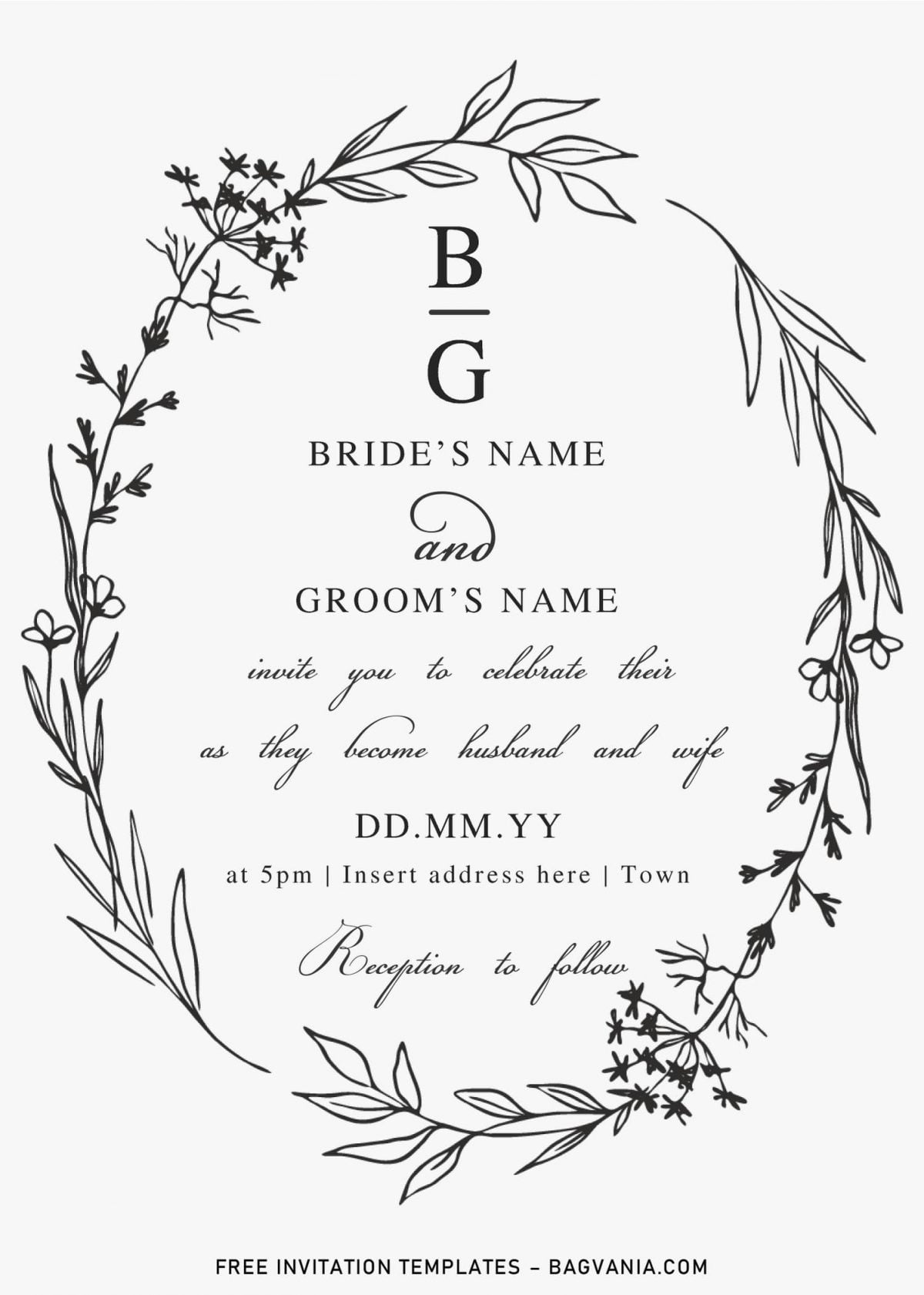Free Floral Monogram Wedding Invitation Templates For Word and has custom floral wreath in black and white